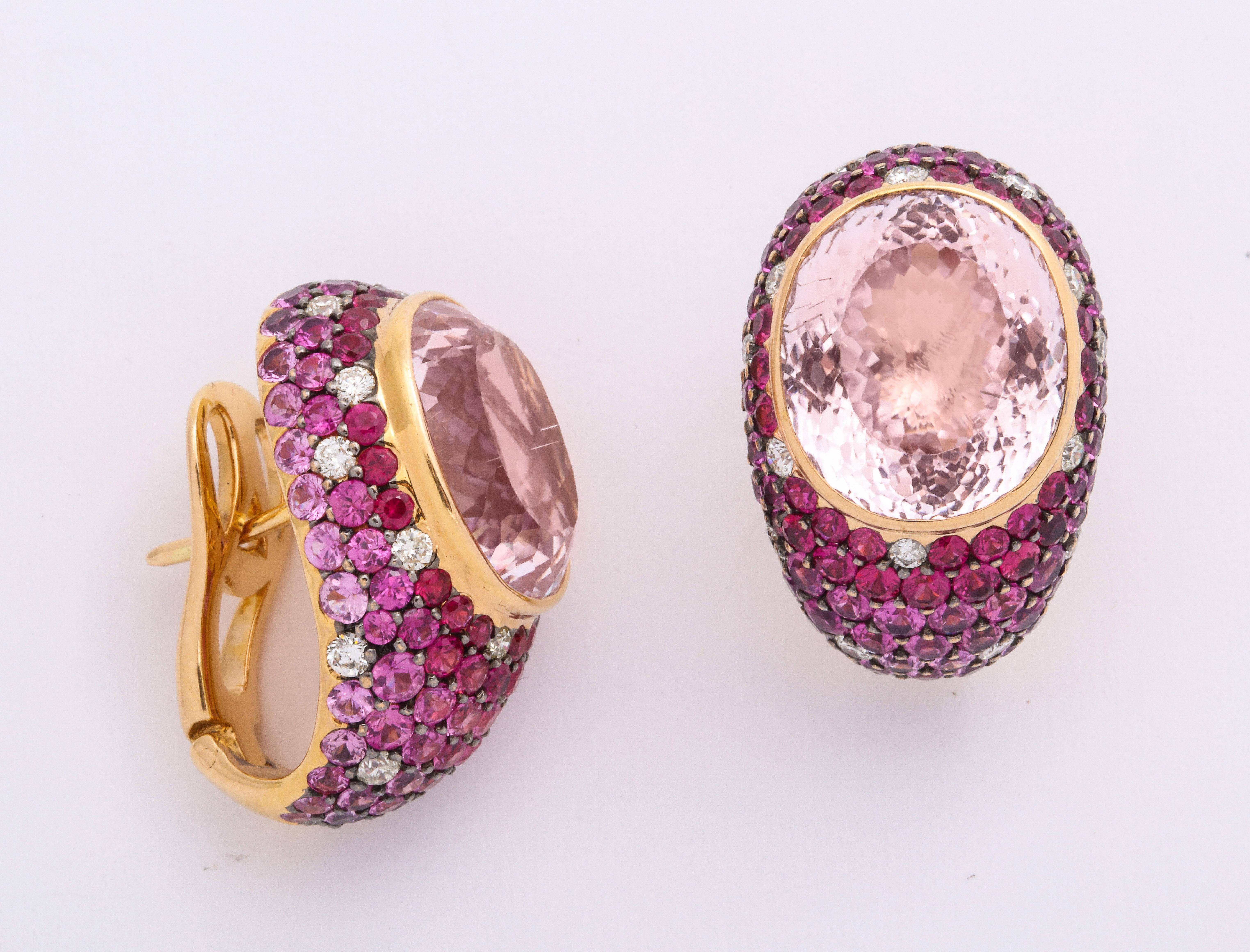 Rose Gold, Oval Kuznite, Multi-Color Pink Sapphire and Diamond Earrings In New Condition For Sale In New York, NY