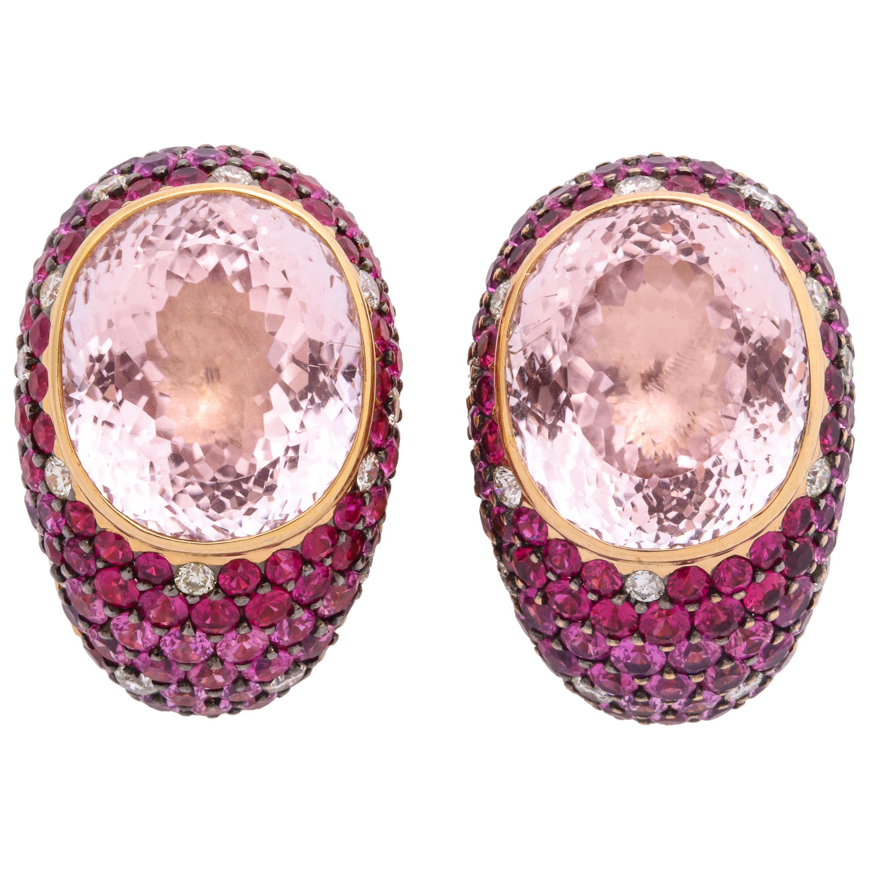 Rose Gold, Oval Kuznite, Multi-Color Pink Sapphire and Diamond Earrings For Sale