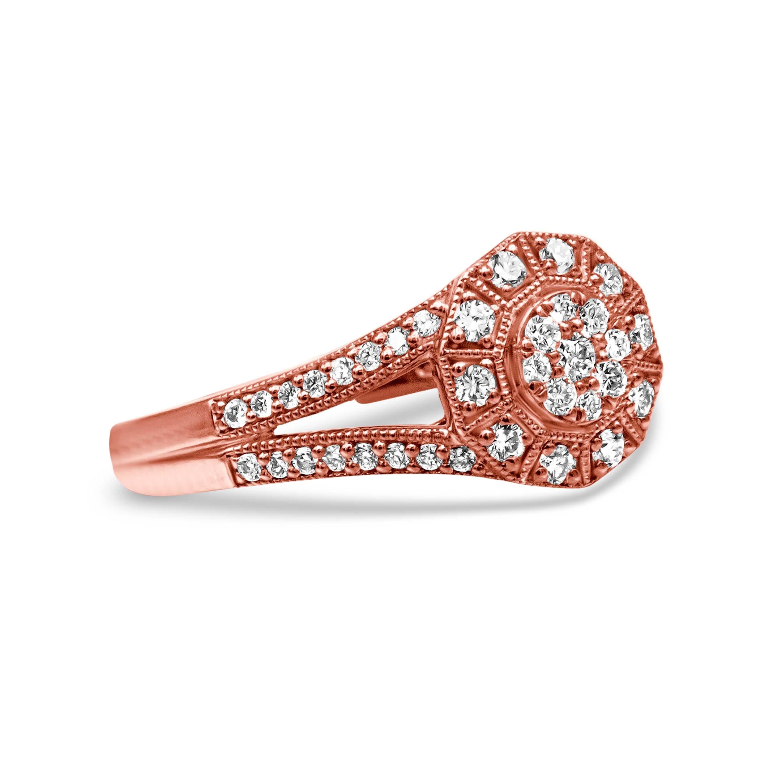 This devastatingly gorgeous cocktail ring brings on the charm with a gorgeous breadth of round, pave-set diamonds. A center cluster of diamonds gives a floral inspired beauty, haloed by a sparkling set of round diamond that adds an intricate sense