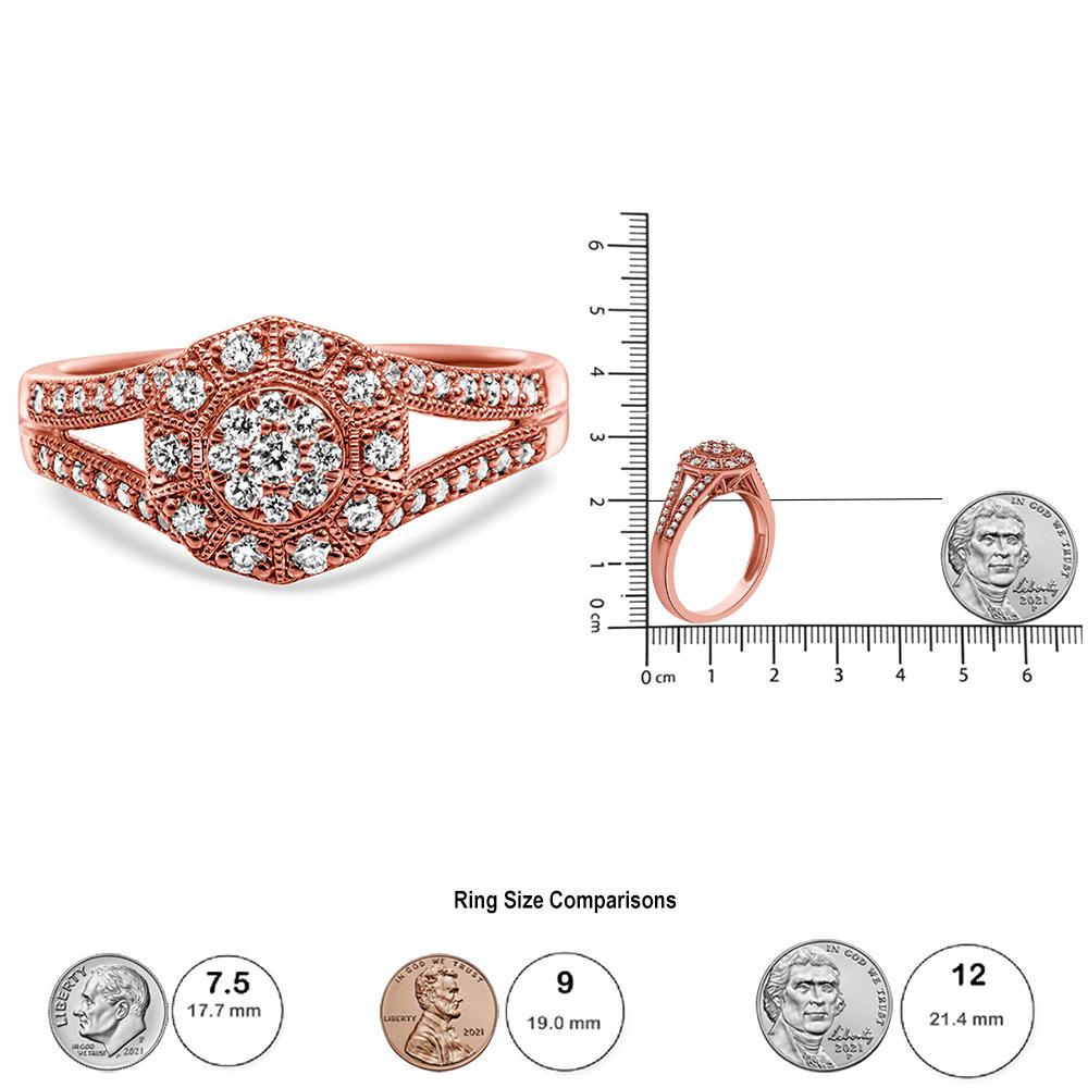 Rose Gold over Silver 1/2 Carat Diamond Halo Cluster Split Shank Cocktail Ring In New Condition For Sale In New York, NY