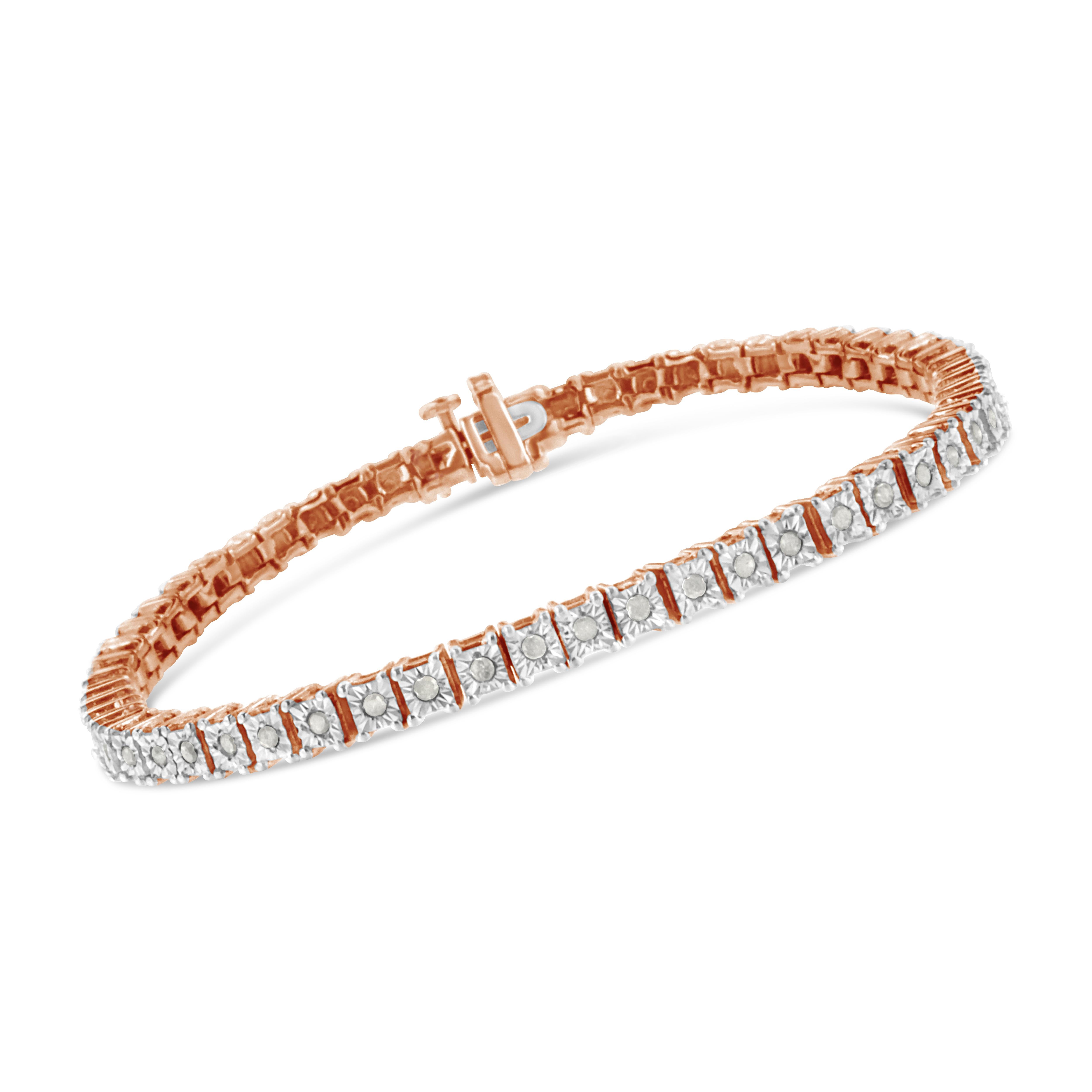 Contemporain Bracelet tennis en or rose sur argent avec monture carrée sertie de diamants de 1,0 carat en vente
