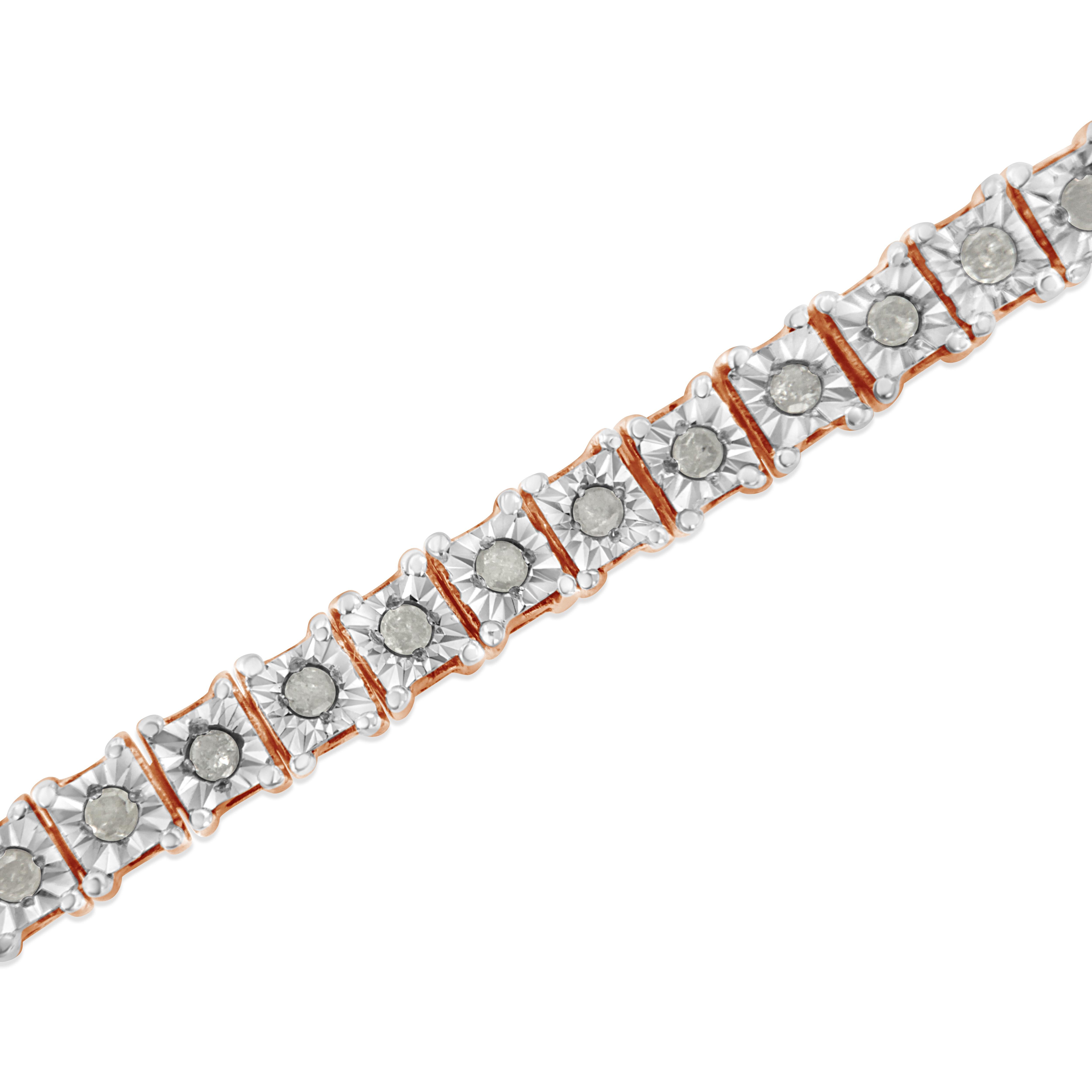 Taille ronde Bracelet tennis en or rose sur argent avec monture carrée sertie de diamants de 1,0 carat en vente