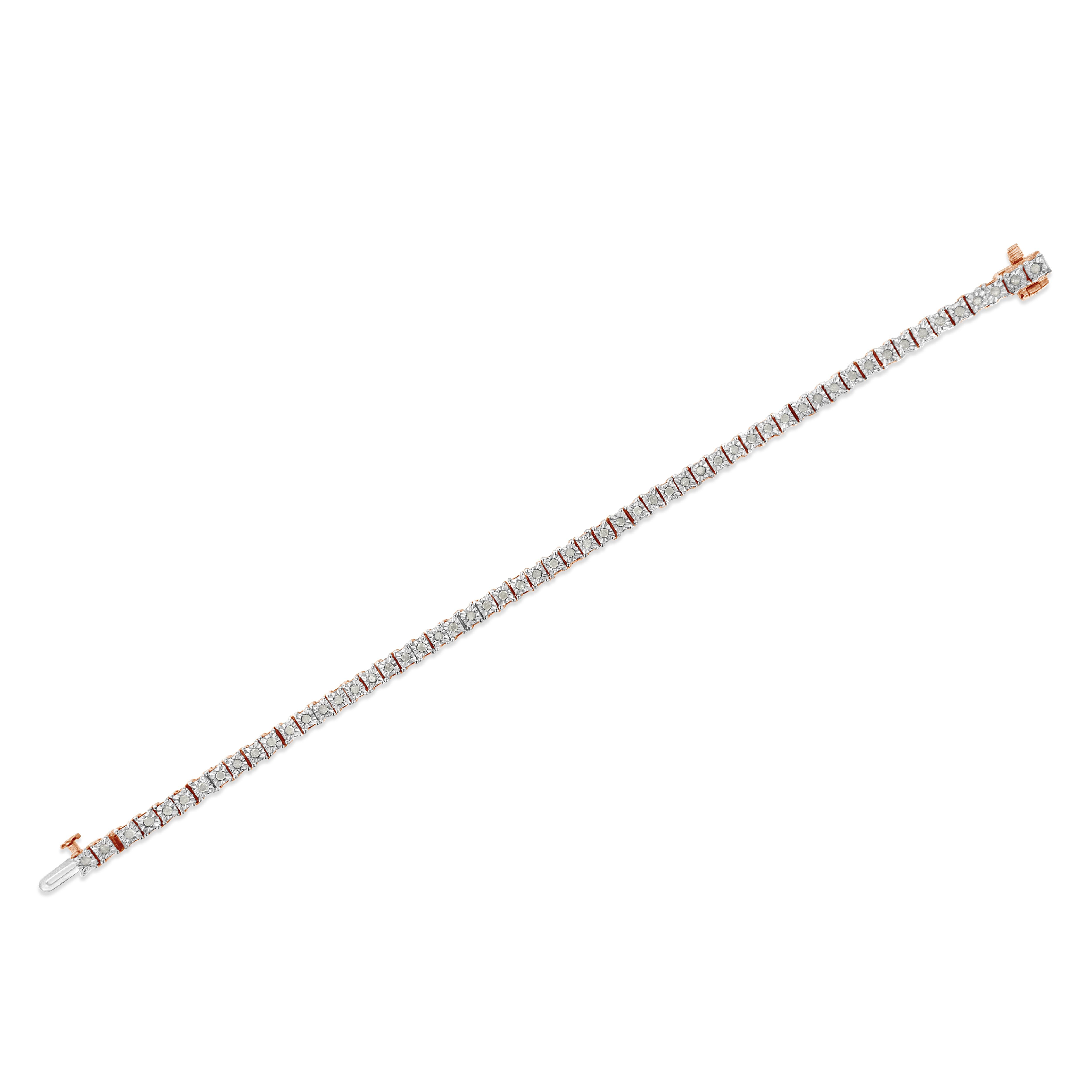 Round Cut Rose Gold over Silver 1.0 Carat Diamond Square Frame Miracle-Set Tennis Bracelet For Sale