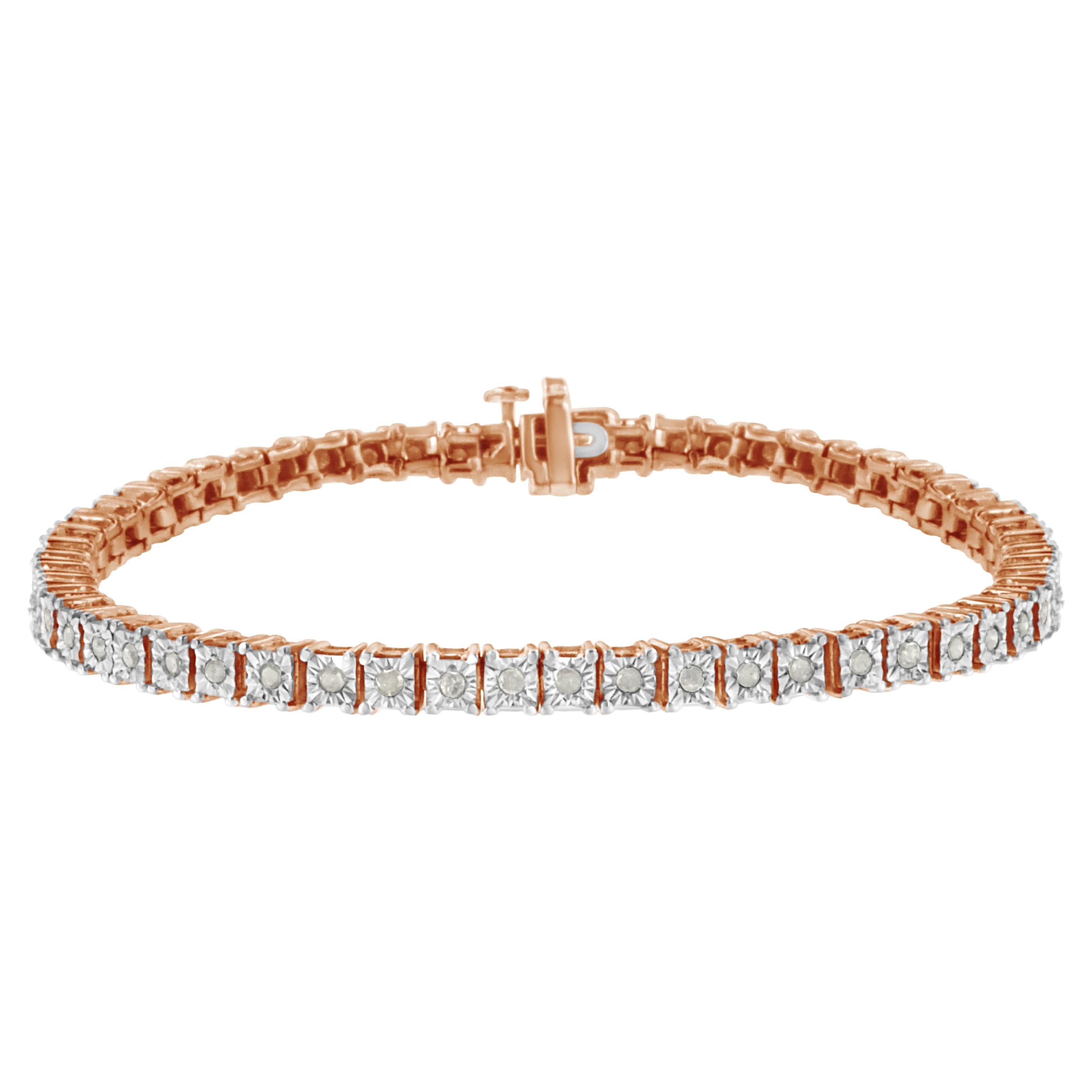 Bracelet tennis en or rose sur argent avec monture carrée sertie de diamants de 1,0 carat en vente