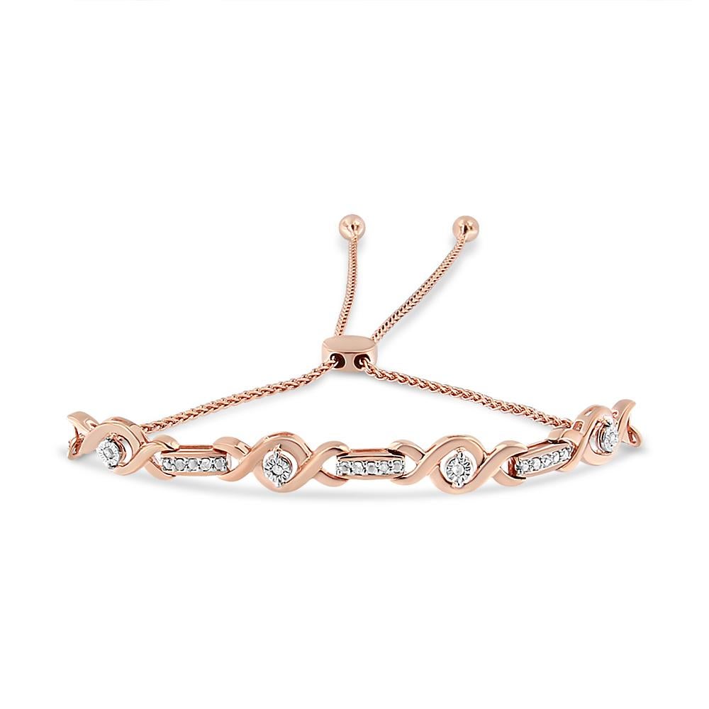 Certain to create a sophisticated look with any attire, this stylish diamond bolo bracelet is composed of 14k rose gold plated .925 sterling silver. It features yellow gold infinity links. The infinity links encircle alternating round and