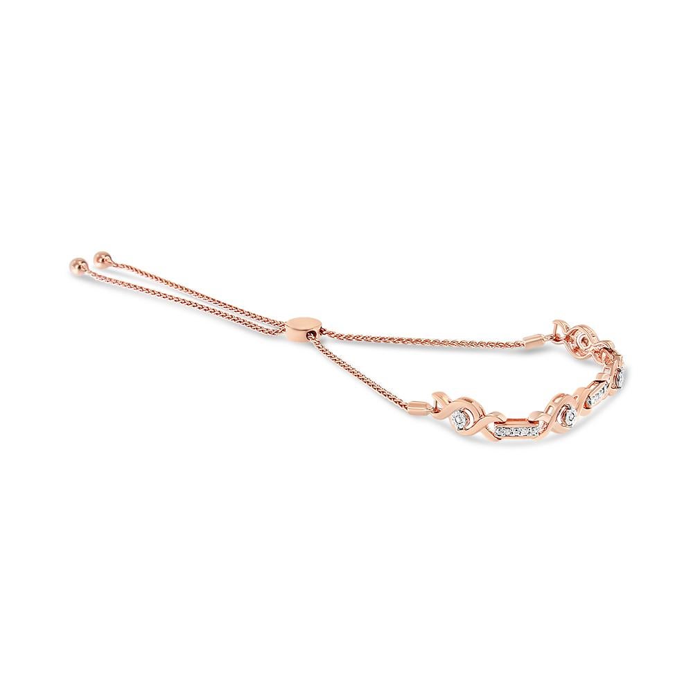 Contemporary Rose Gold over Silver Channel Set Diamond Accent Twist Adjustable Bolo Bracelet For Sale