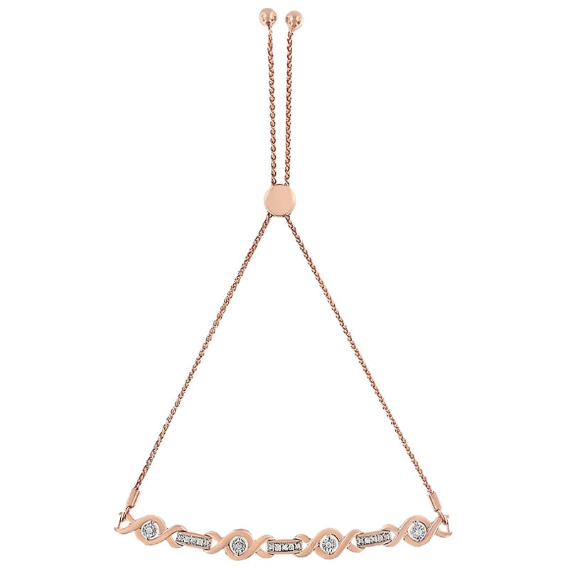 Pulsera Bolo Ajustable Oro Rosa sobre Plata engastada en Canales con Detalles de Diamantes
