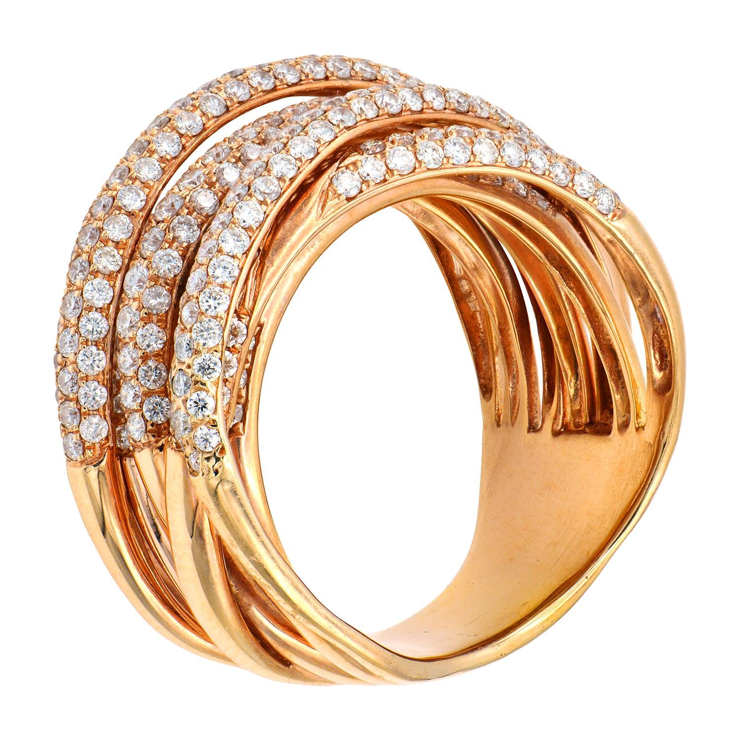 This ring is a stunning statement piece. Bands made of 11.5 grams of18 karat rose gold are over lapping each other, each adorned with shimmering VS2, G color diamonds. There are 322 round diamonds totaling 2.37 carats. This ring is size 6.5.