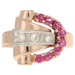 Rose Gold & Palladium Ruby & Diamond Retro Ring, 14k Round Cut .94ctw Vintage