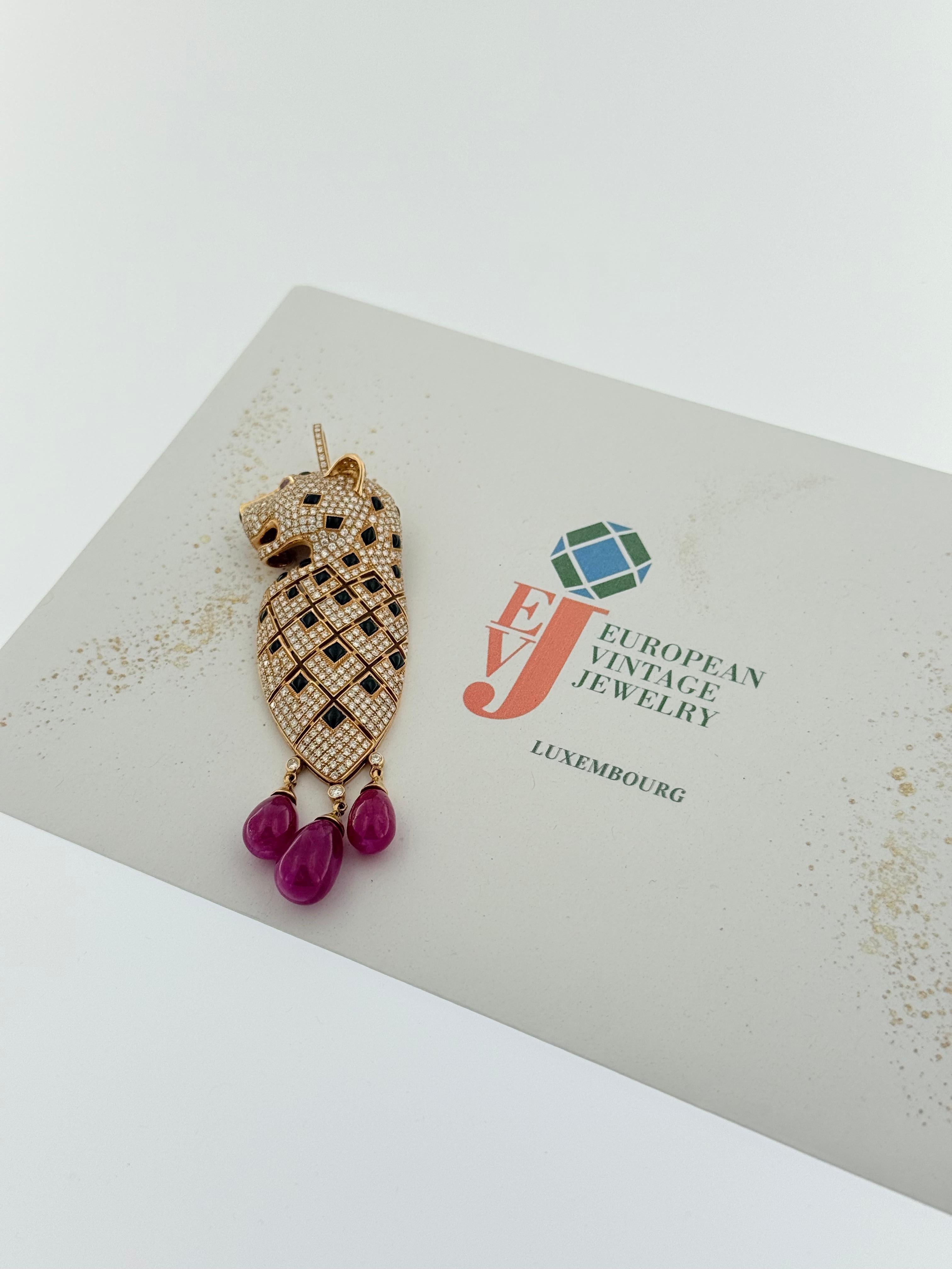 Contemporary Rose Gold Panthere Pendant with Diamonds, Onyx and Rubies For Sale