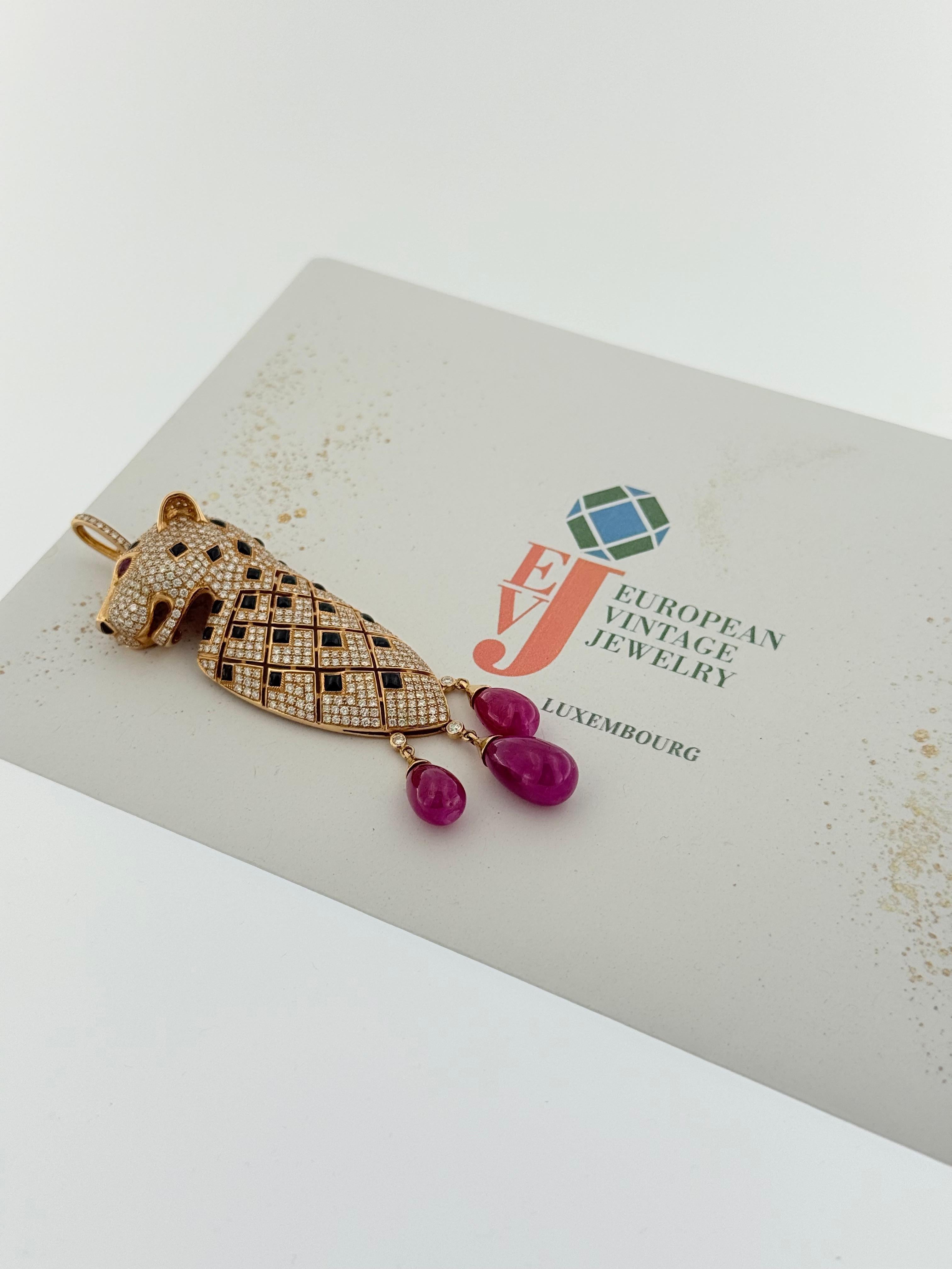 Mixed Cut Rose Gold Panthere Pendant with Diamonds, Onyx and Rubies For Sale