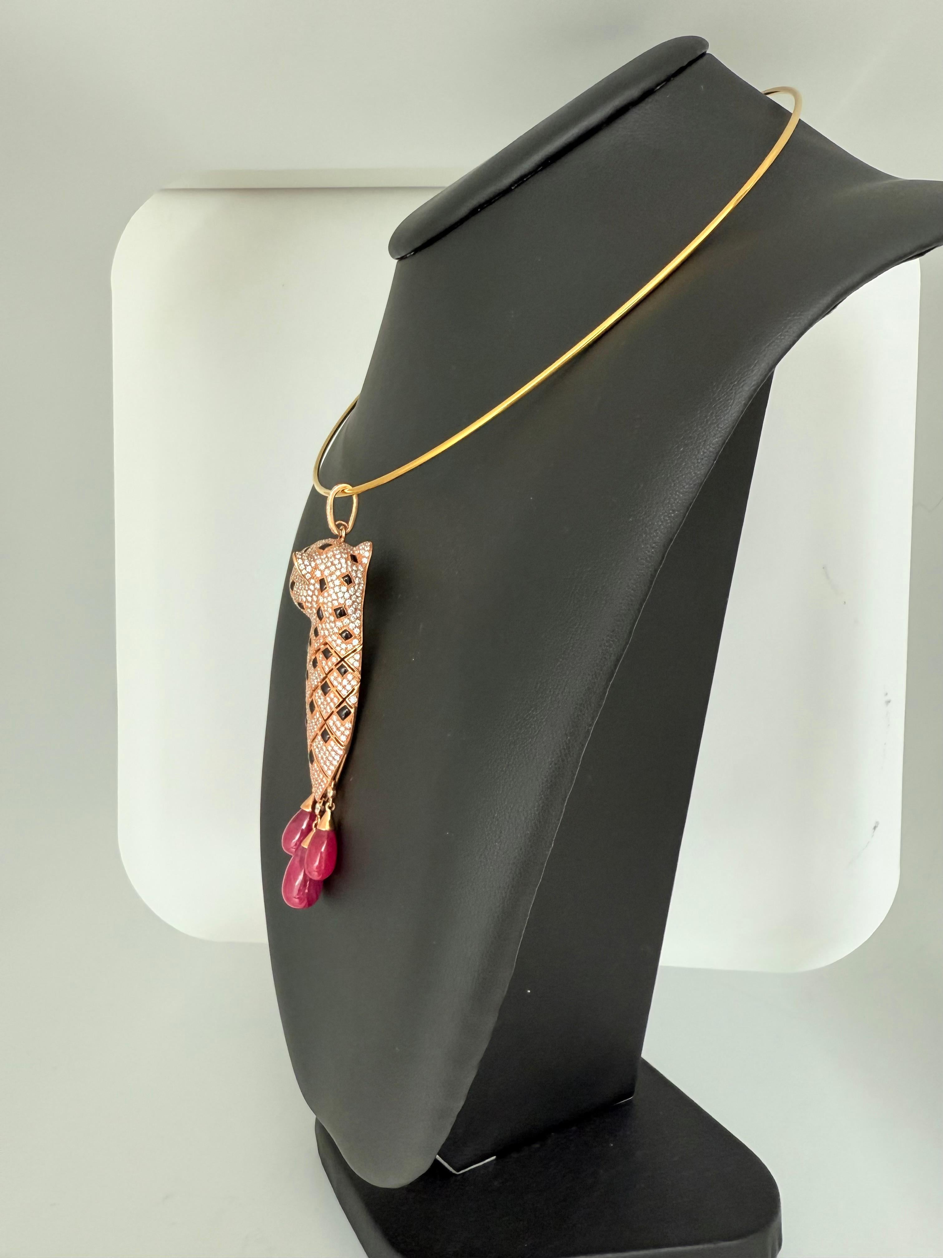 Women's or Men's Rose Gold Panthere Pendant with Diamonds, Onyx and Rubies For Sale