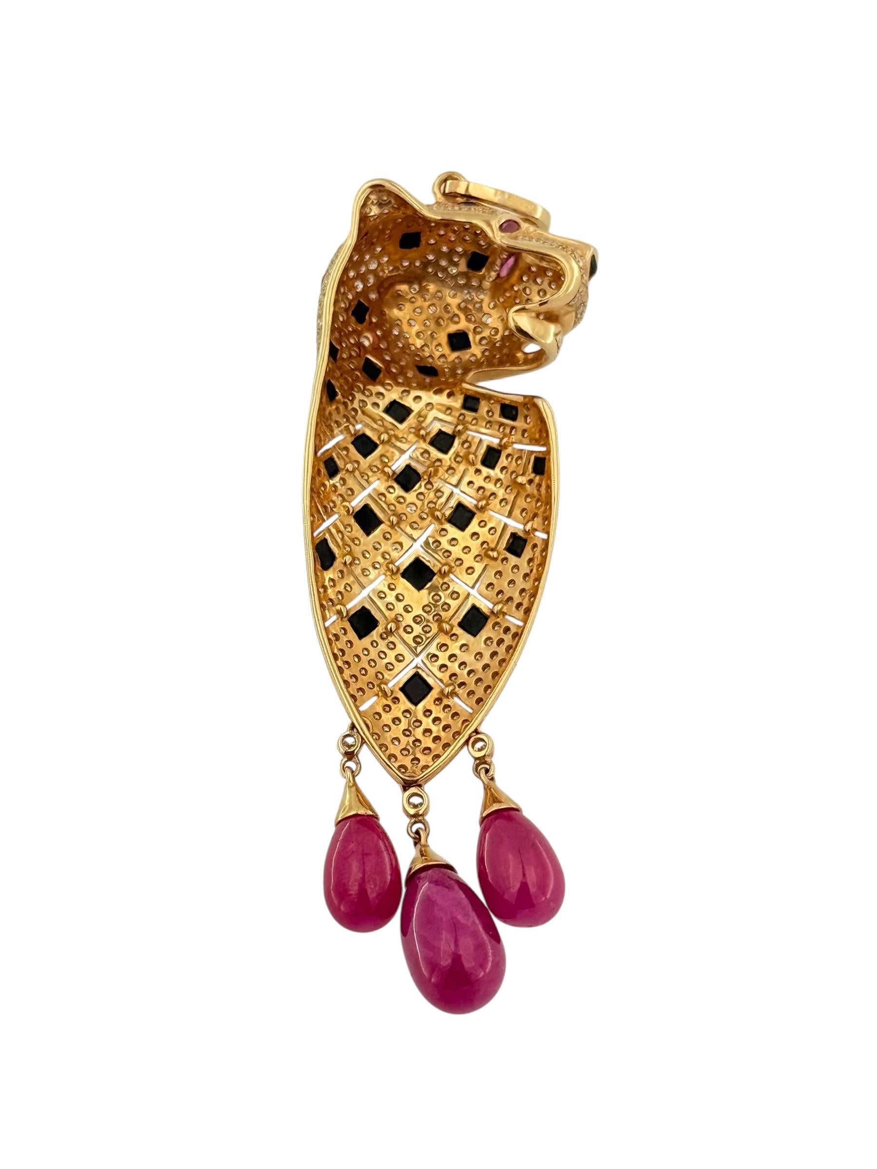 Rose Gold Panthere Pendant with Diamonds, Onyx and Rubies For Sale 1