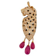 Rose Gold Panthere Pendant with Diamonds, Onyx and Rubies