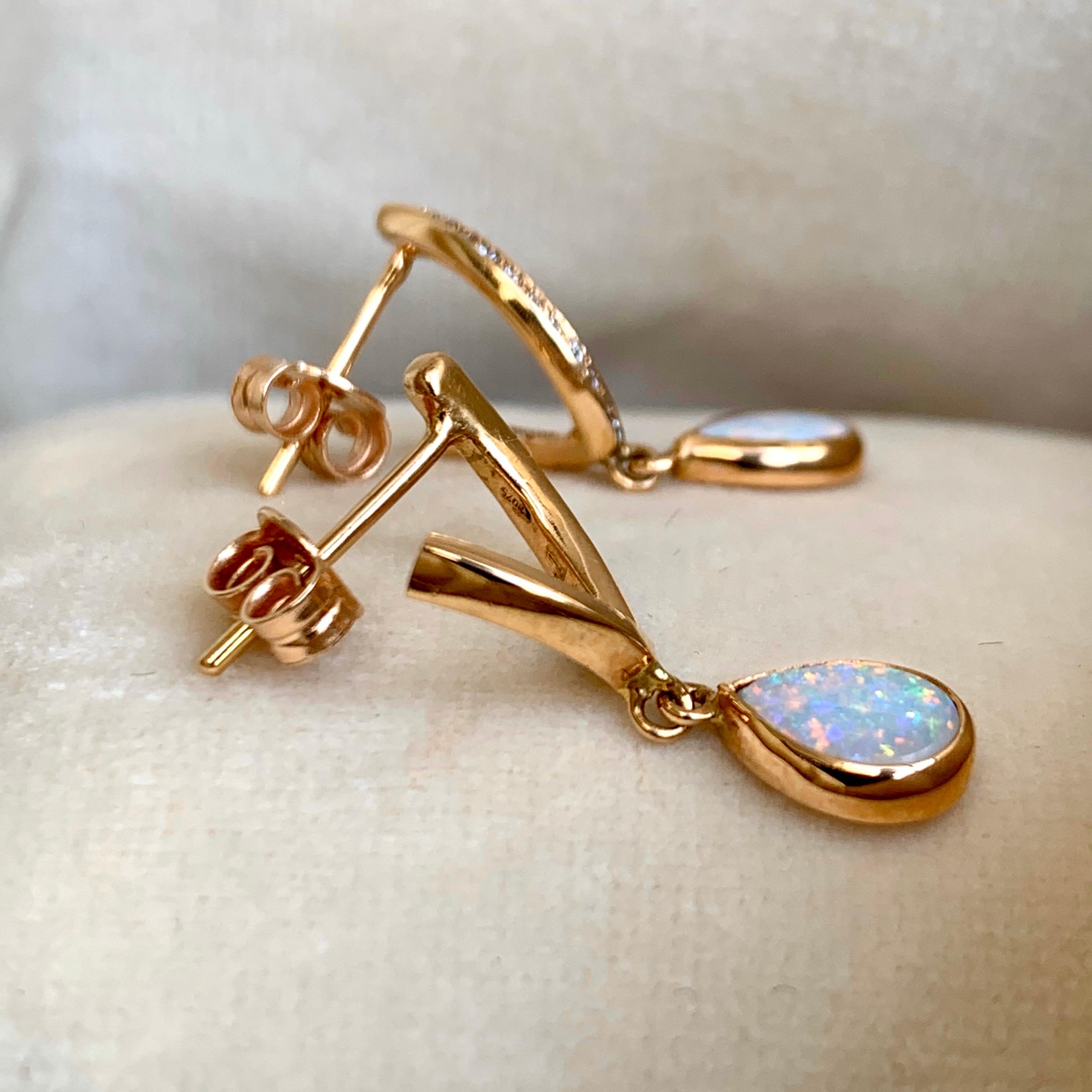 Rose Gold Pave Diamond Opal Drop Earrings 4