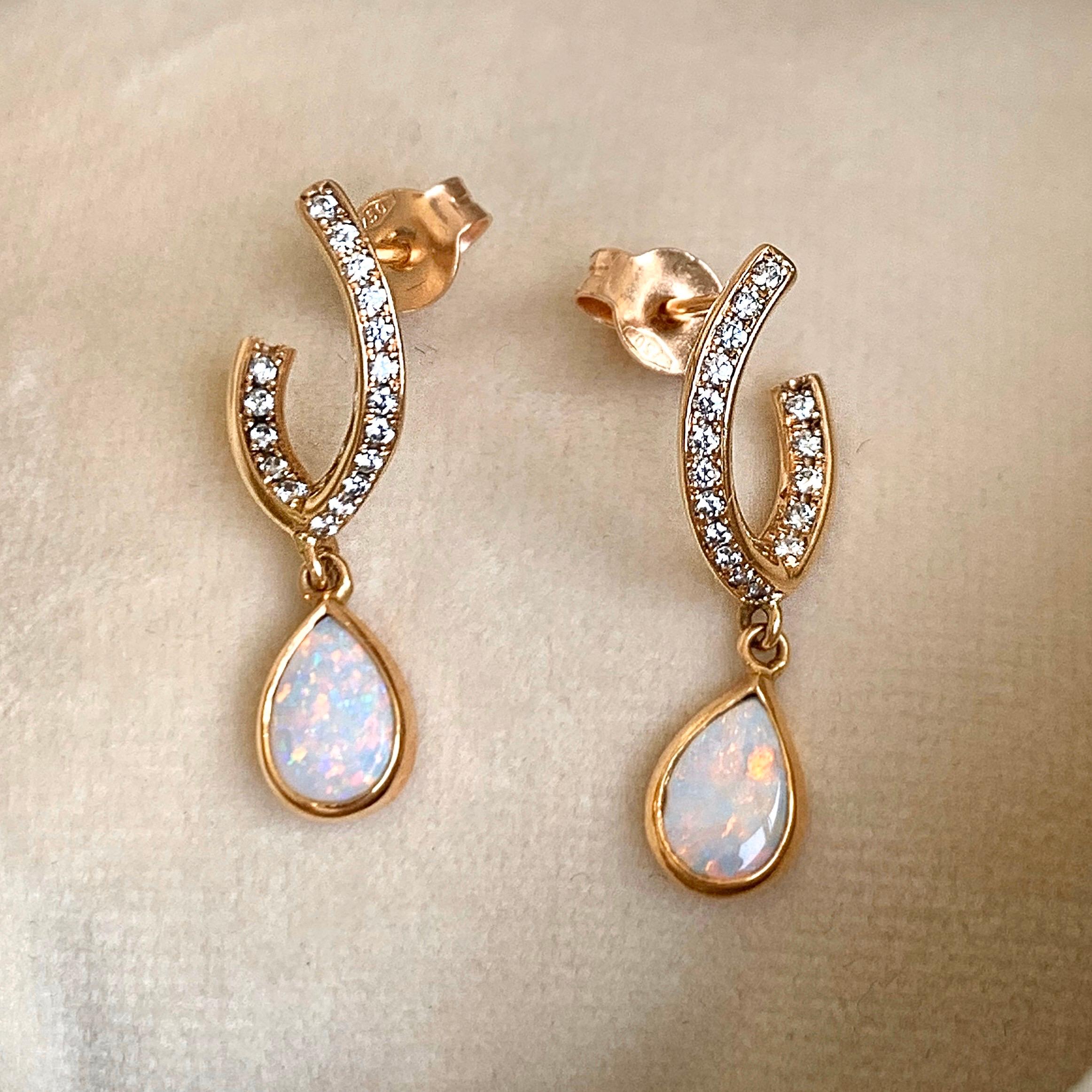 Rose Gold Pave Diamond Opal Drop Earrings 6