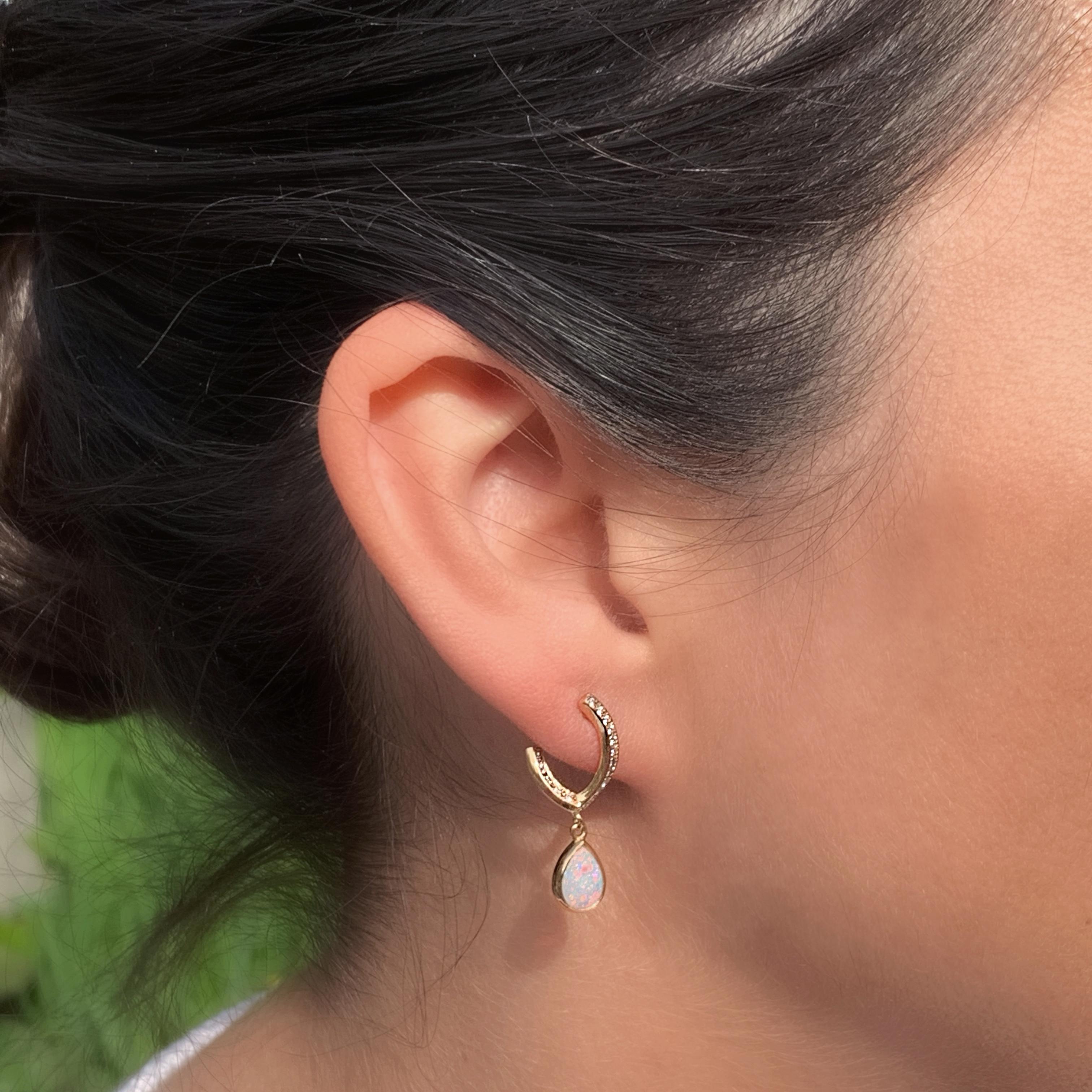 Pear Cut Rose Gold Pave Diamond Opal Drop Earrings