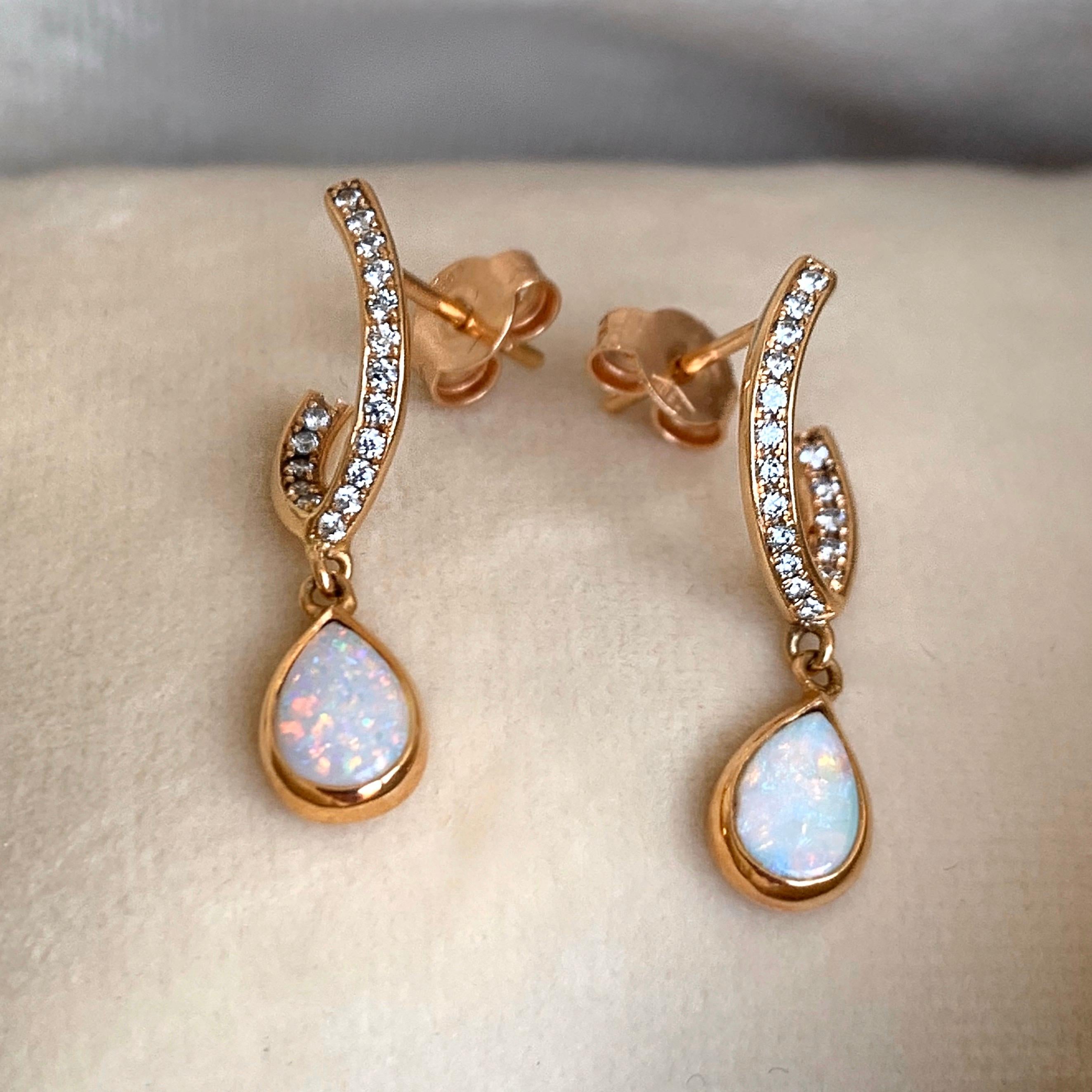 Women's Rose Gold Pave Diamond Opal Drop Earrings