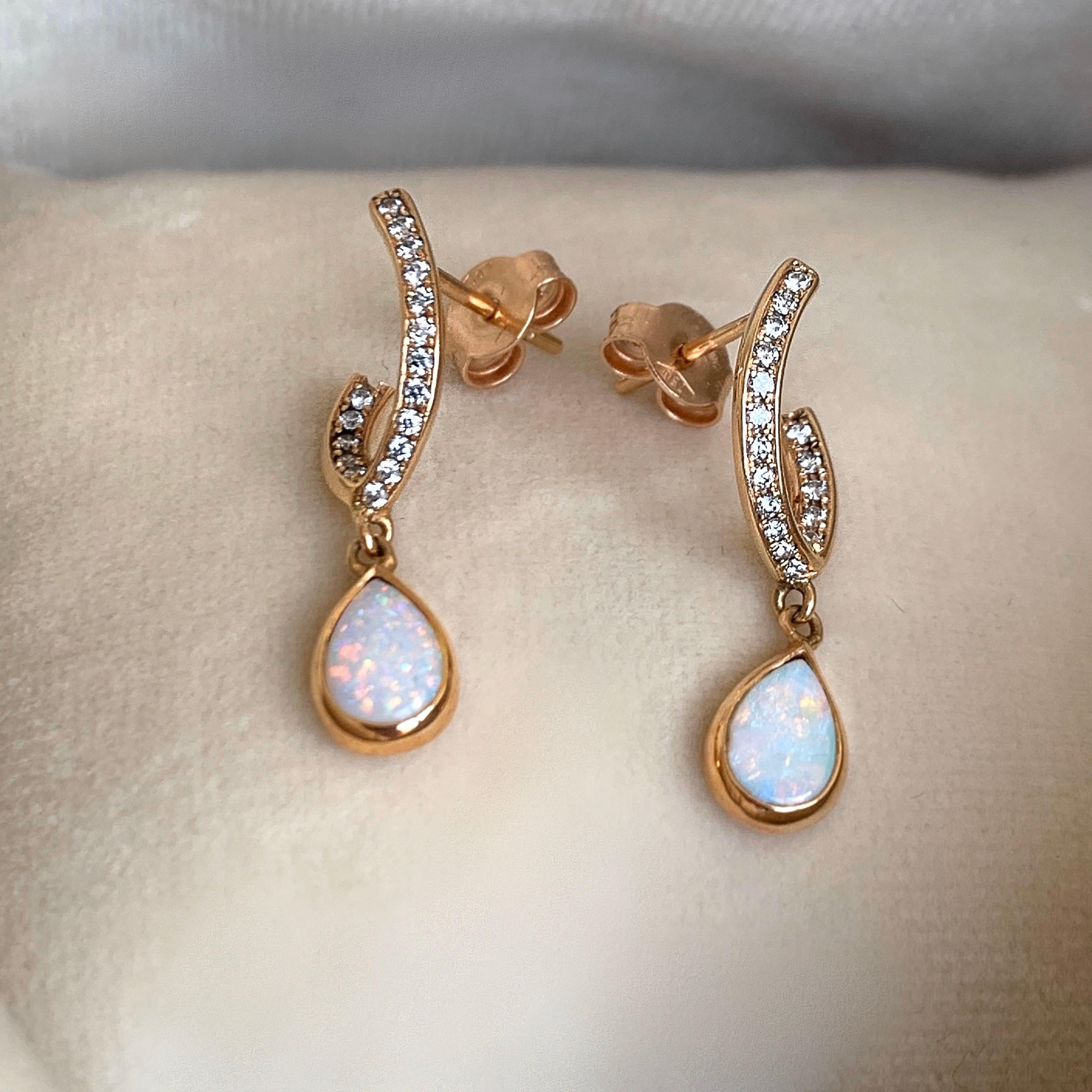 Rose Gold Pave Diamond Opal Drop Earrings 1