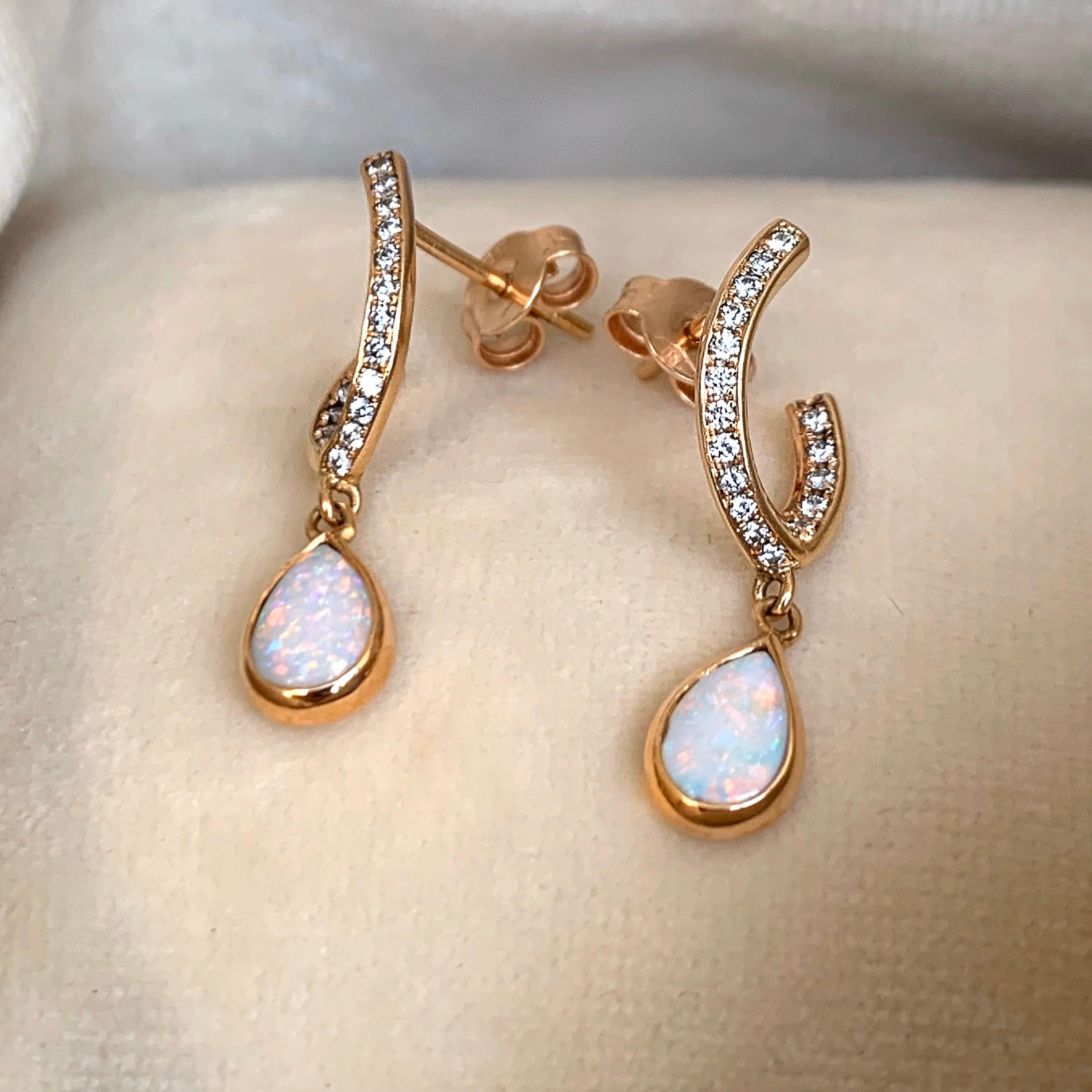 Rose Gold Pave Diamond Opal Drop Earrings 2