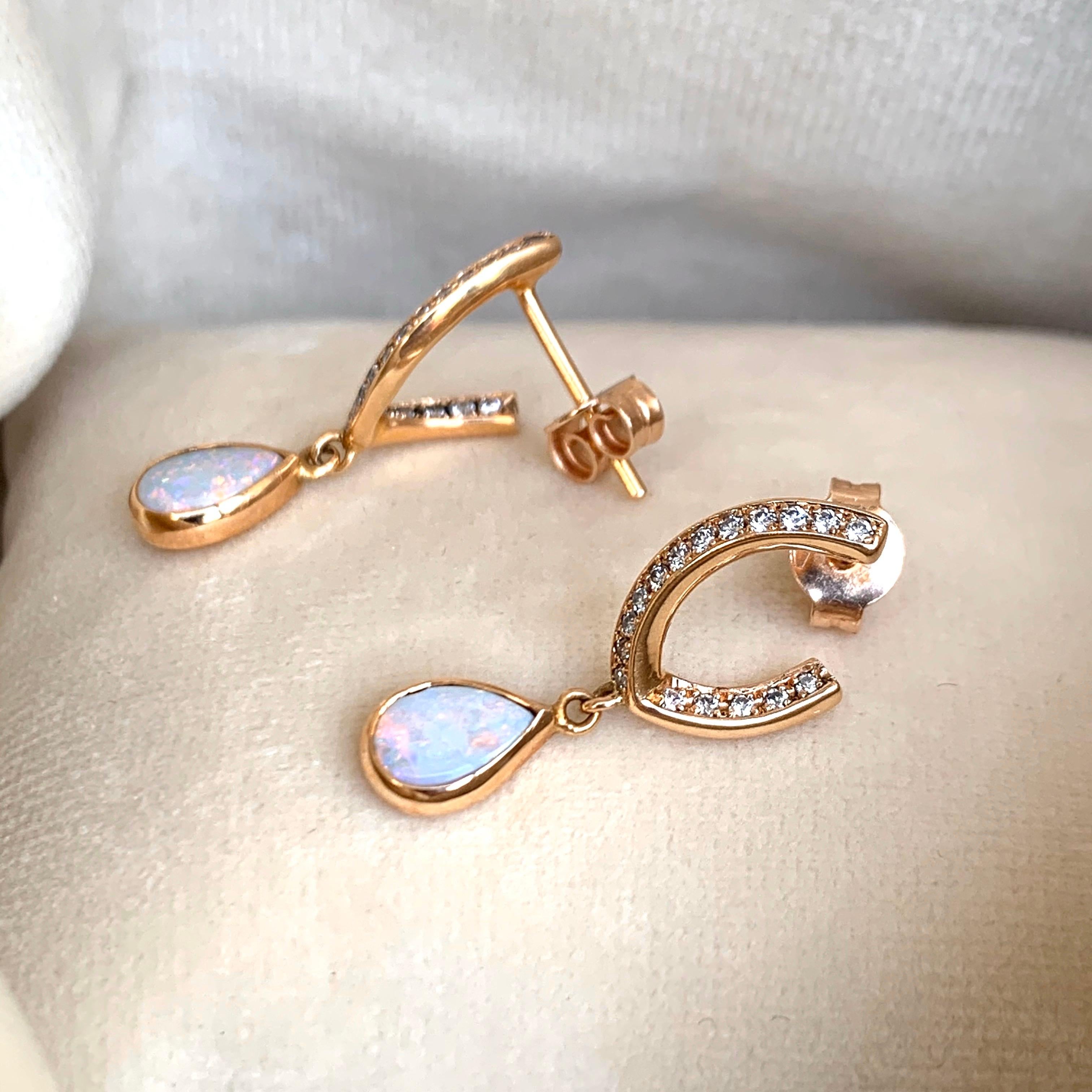 Rose Gold Pave Diamond Opal Drop Earrings 3