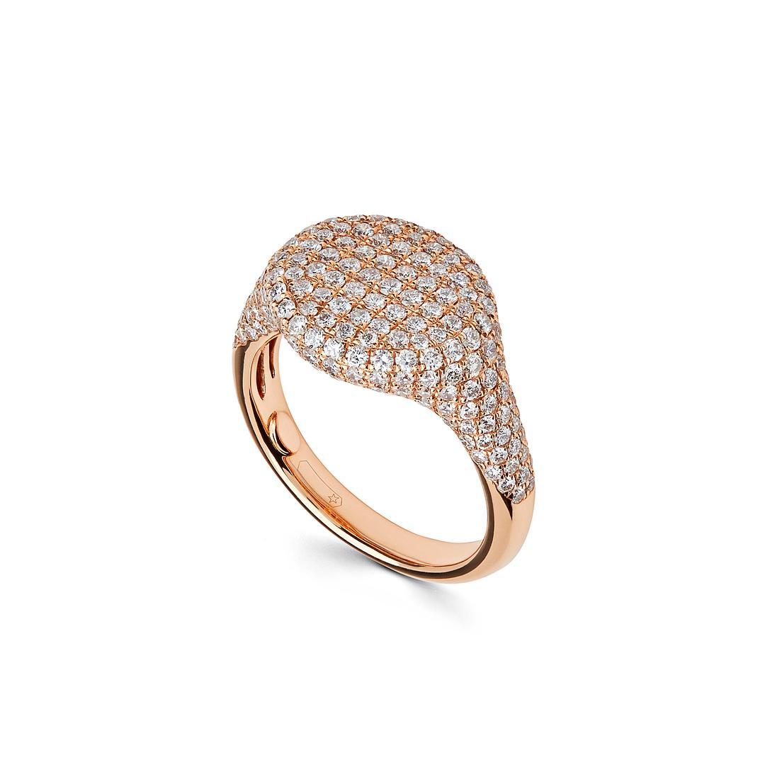 Round Cut  Rose Gold Pave Diamond Set Signet Ring For Sale
