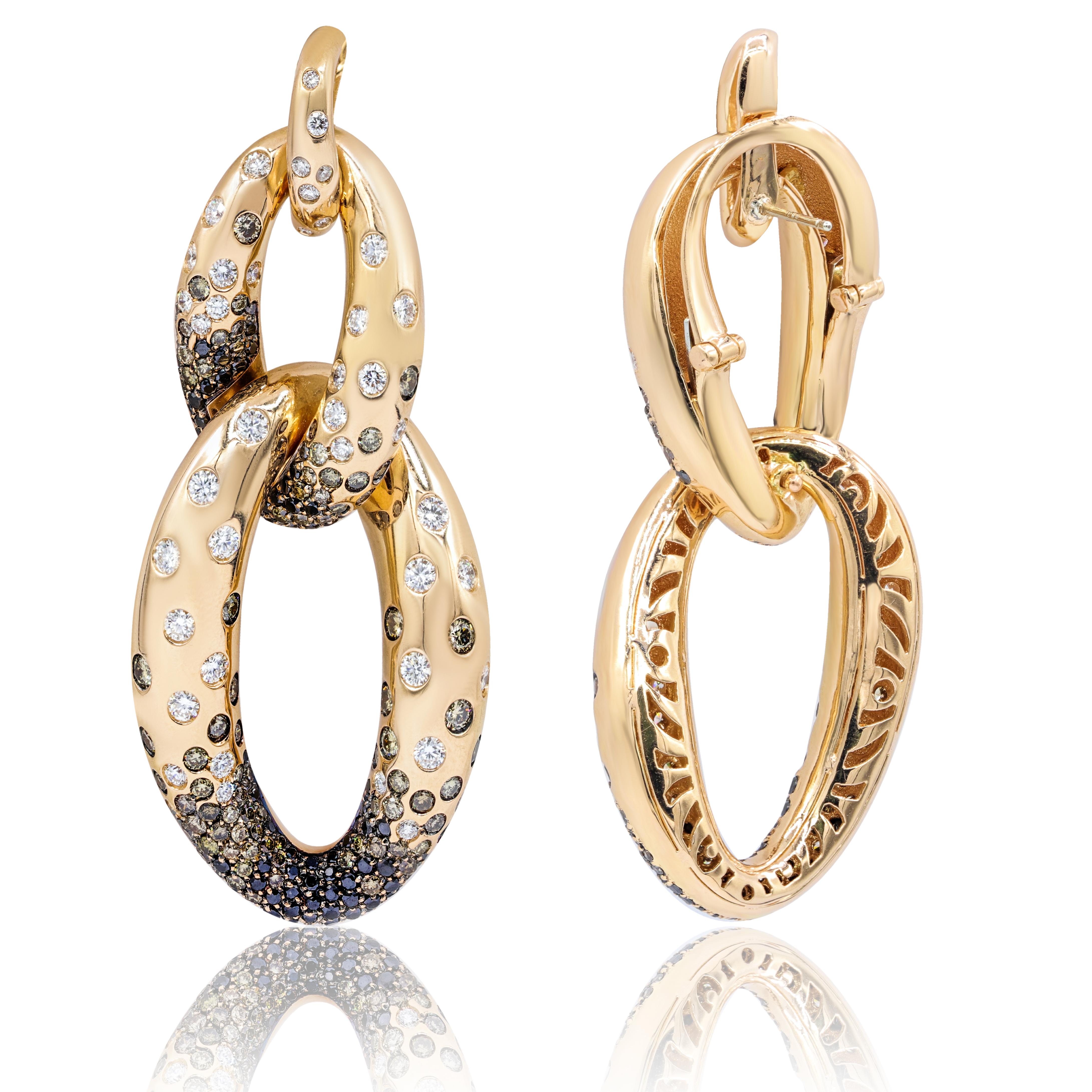 18KT Rose Gold, pave linked earrings, features 8.00 carats of white, champagne and black diamonds