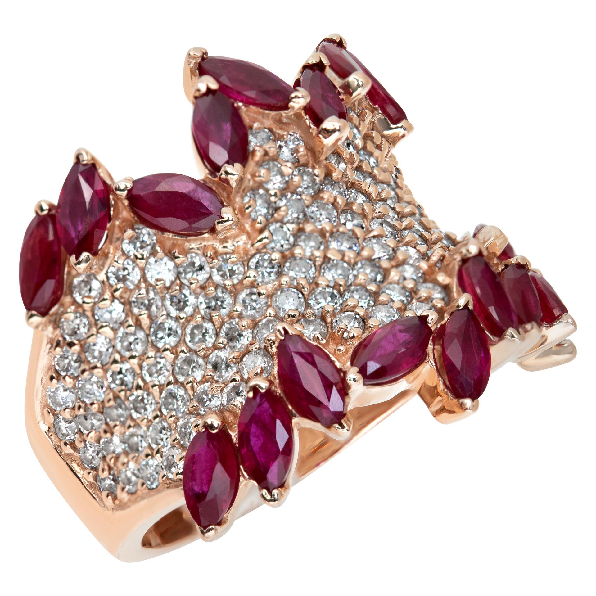 Rose gold pave set diamond ring with pear shaped rubies In Excellent Condition In Surfside, FL