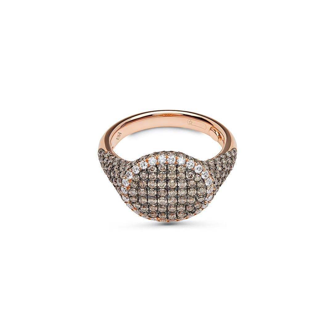 Introducing our  Rose Gold Pave Set Two Tone Diamond Signet Ring. Crafted from luxurious 18-karat rose gold, this ring features a total carat weight of 1.68ct, including .26cts of white diamonds and 1.42cts of black diamonds. With a weight of 5.21