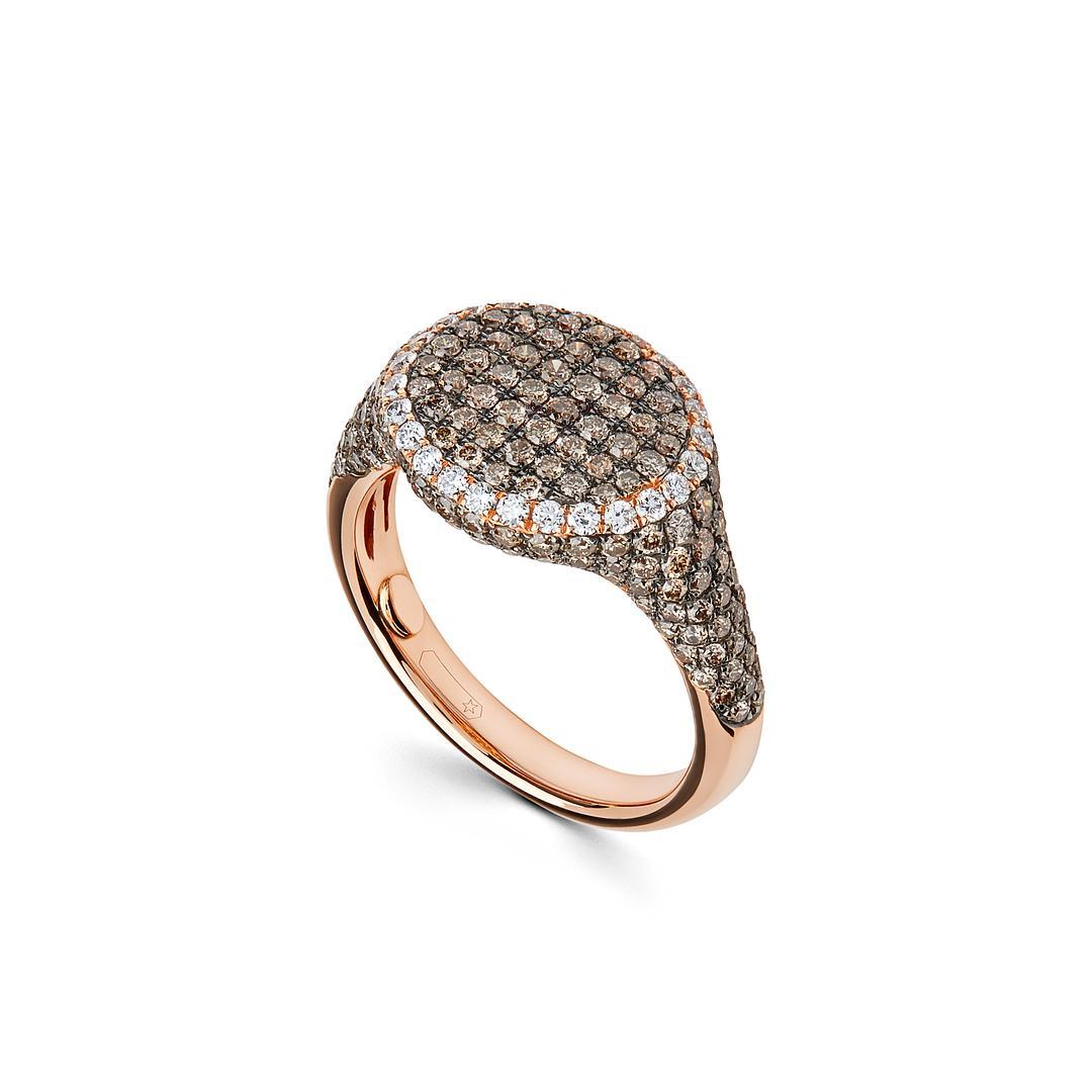 Round Cut  Rose Gold Pave Set Two Tone Diamond Signet Ring For Sale
