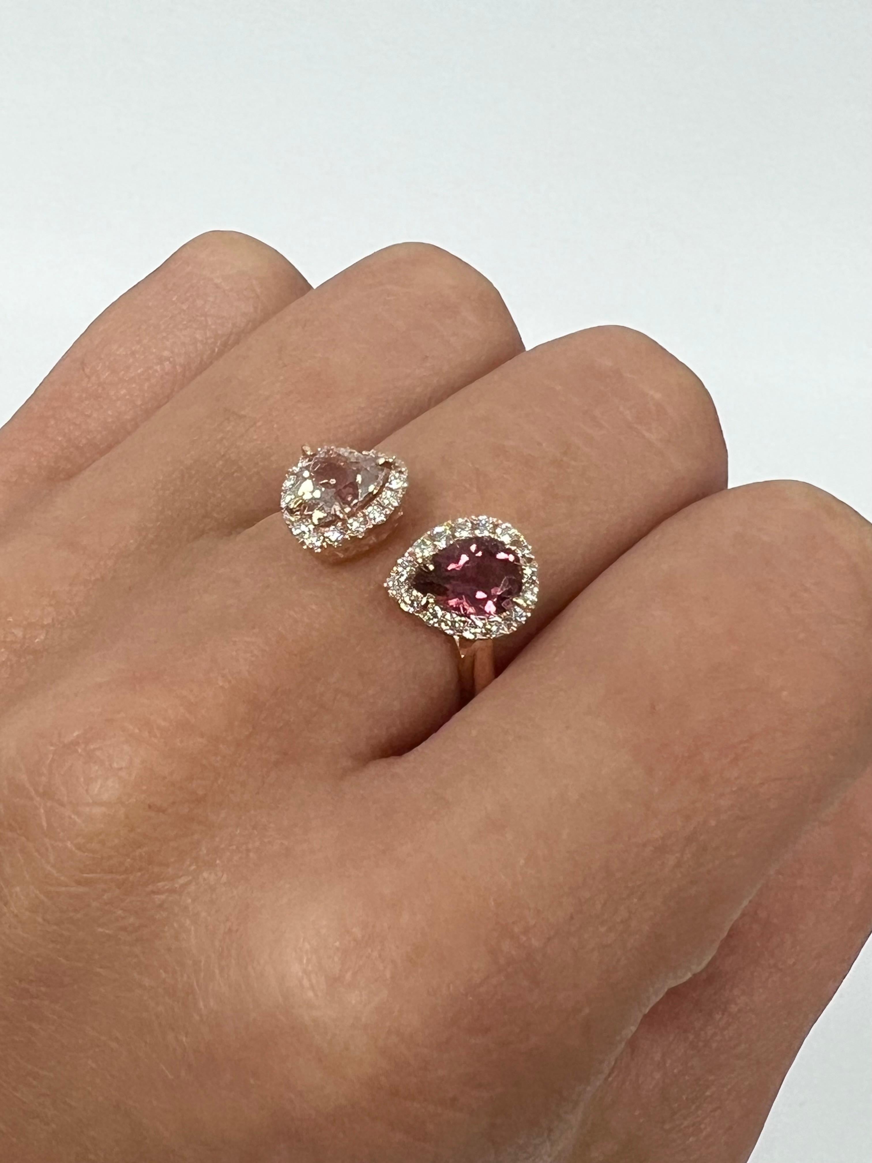 Brilliant Cut Rose Gold Pear Pink Tourmaline and Heart Morganite Diamond Ring For Sale