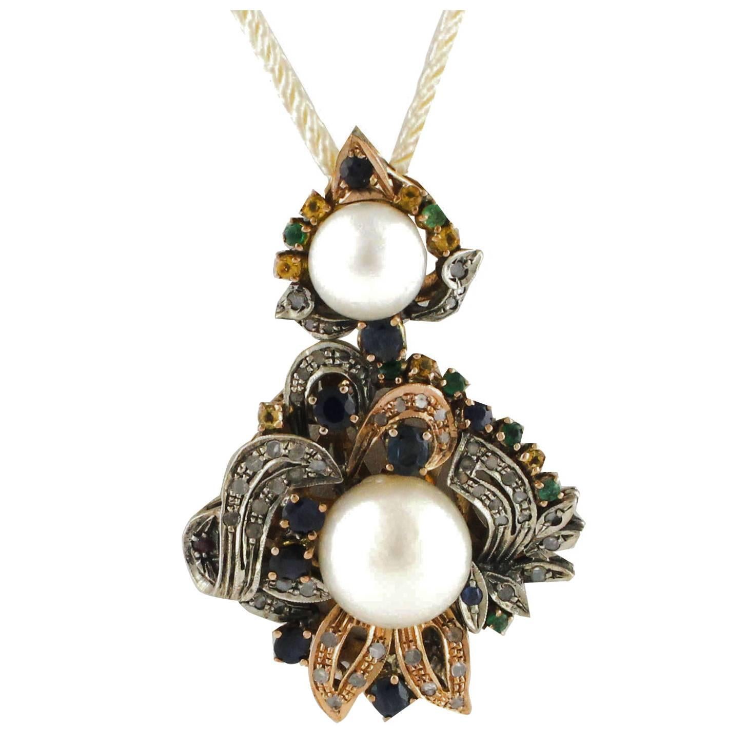 Diamonds Pearls Sapphires Emeralds Rose Gold and Silver Pendant