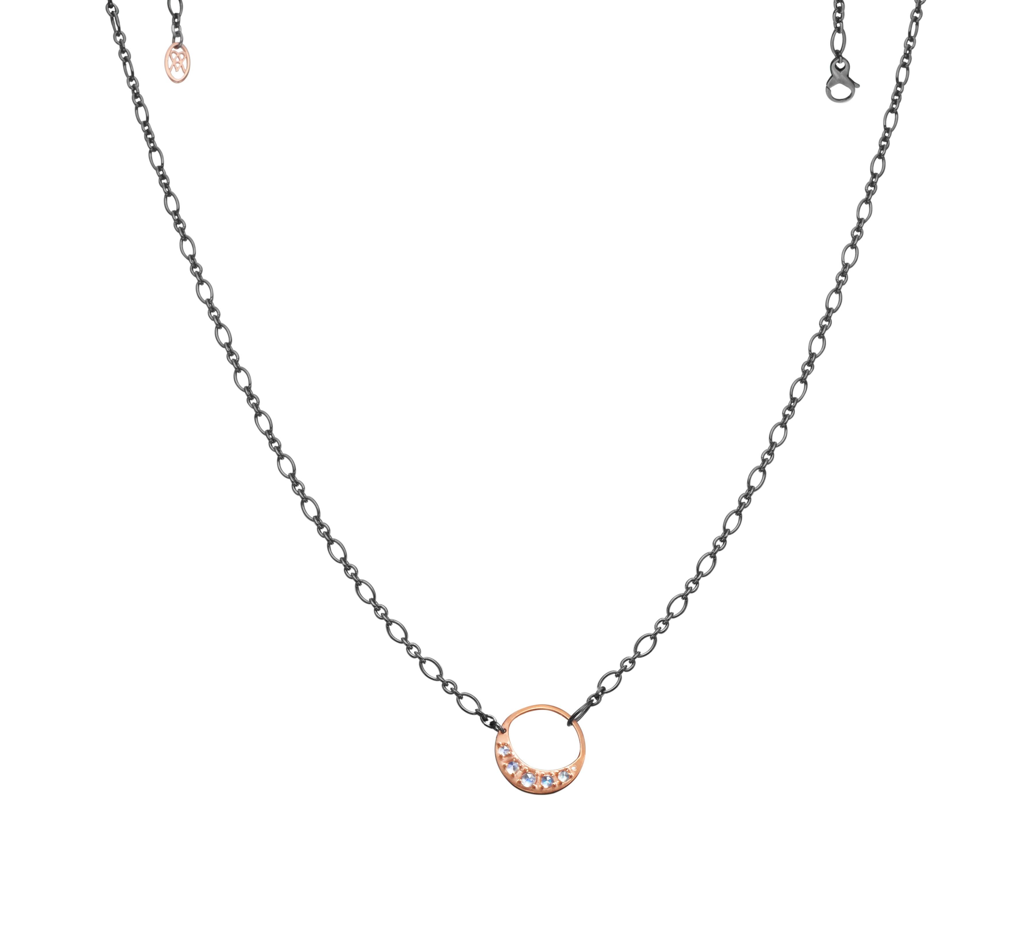 Rose Gold Pendant Moon Necklace with Rose Cut Blue Moonstone and Diamond Accent In New Condition For Sale In Weehawken, NJ