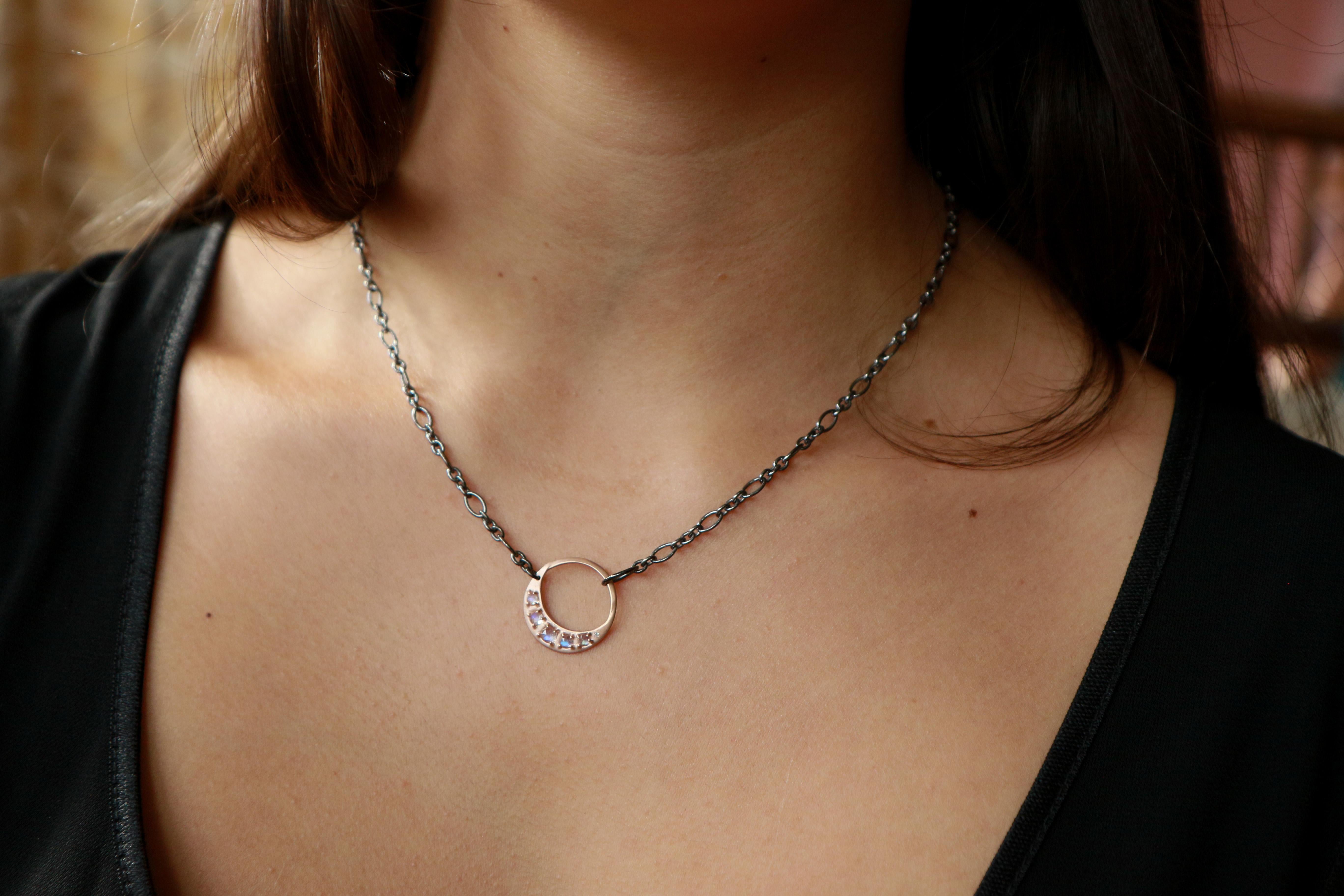 Rose Gold Pendant Moon Necklace with Rose Cut Blue Moonstone and Diamond Accent For Sale 1
