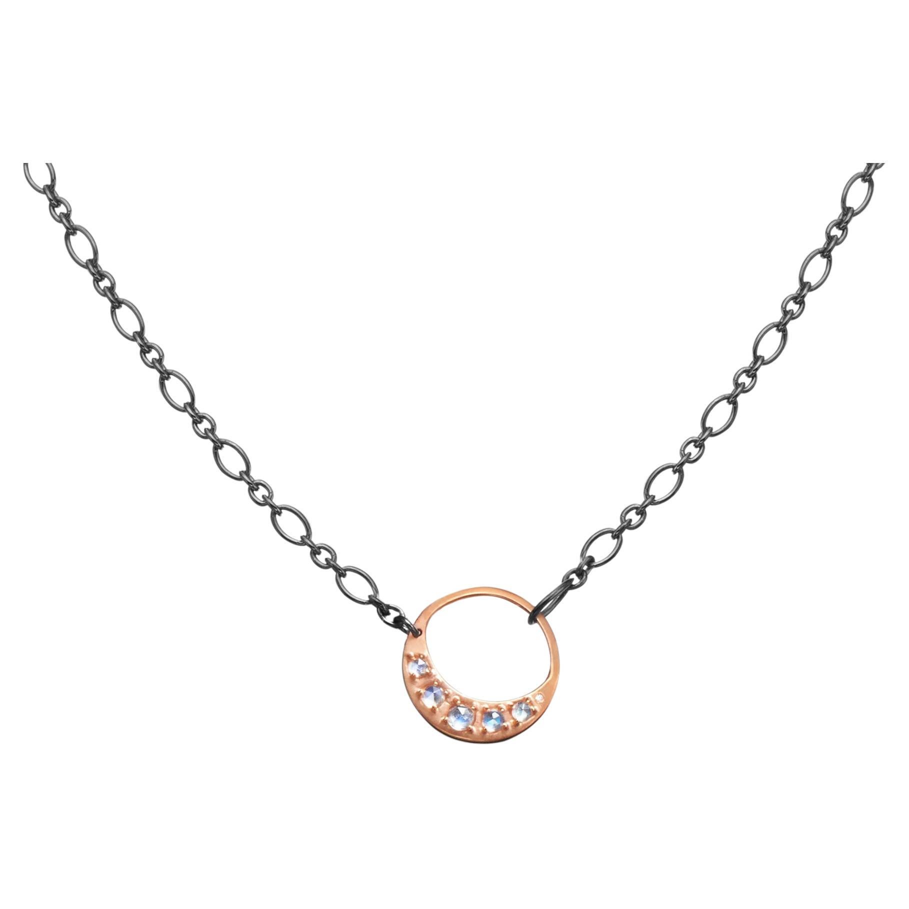 Rose Gold Pendant Moon Necklace with Rose Cut Blue Moonstone and Diamond Accent For Sale