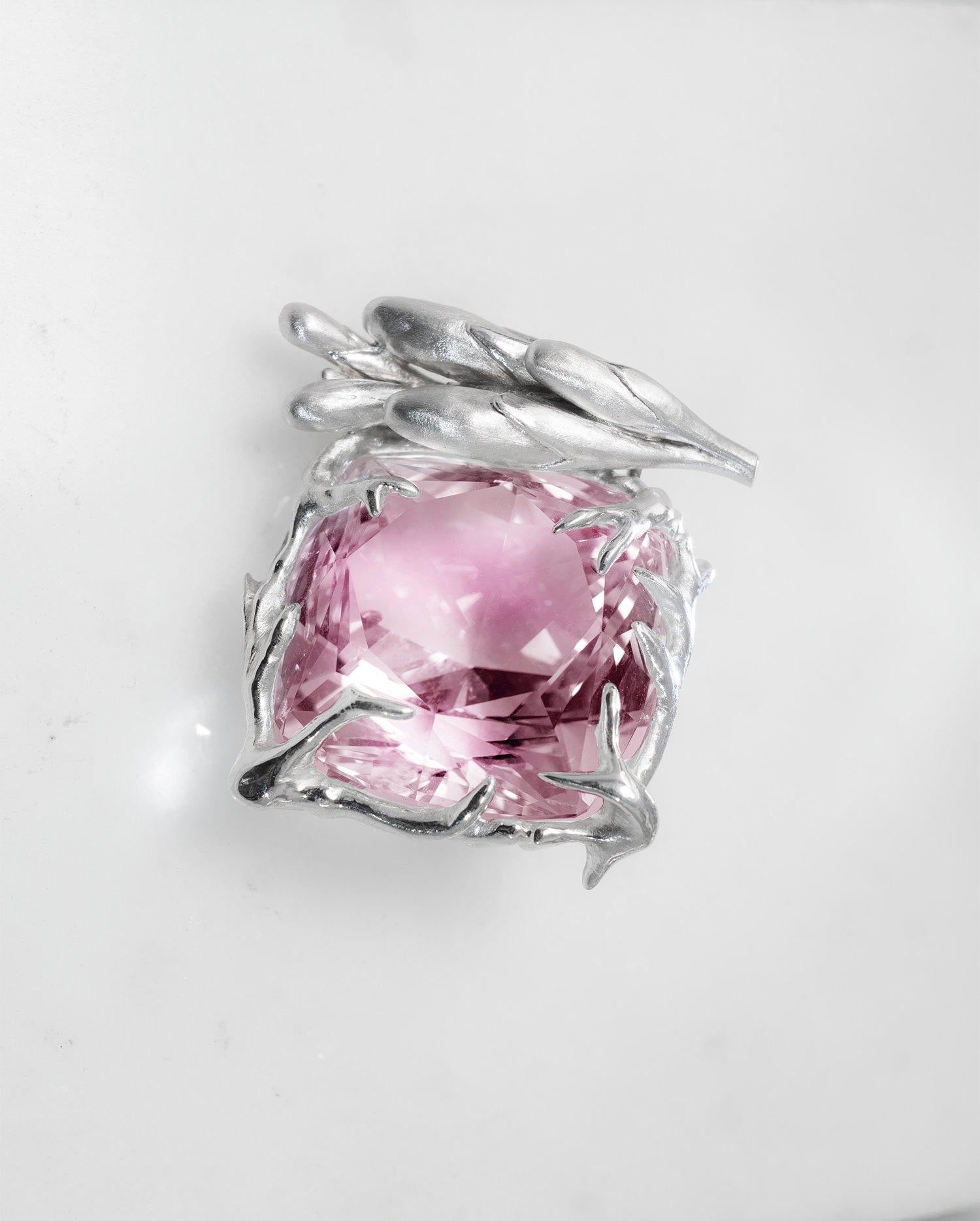 Rose Gold Pendant Necklace by Artist with Pink Kunzite and Diamonds For Sale 3