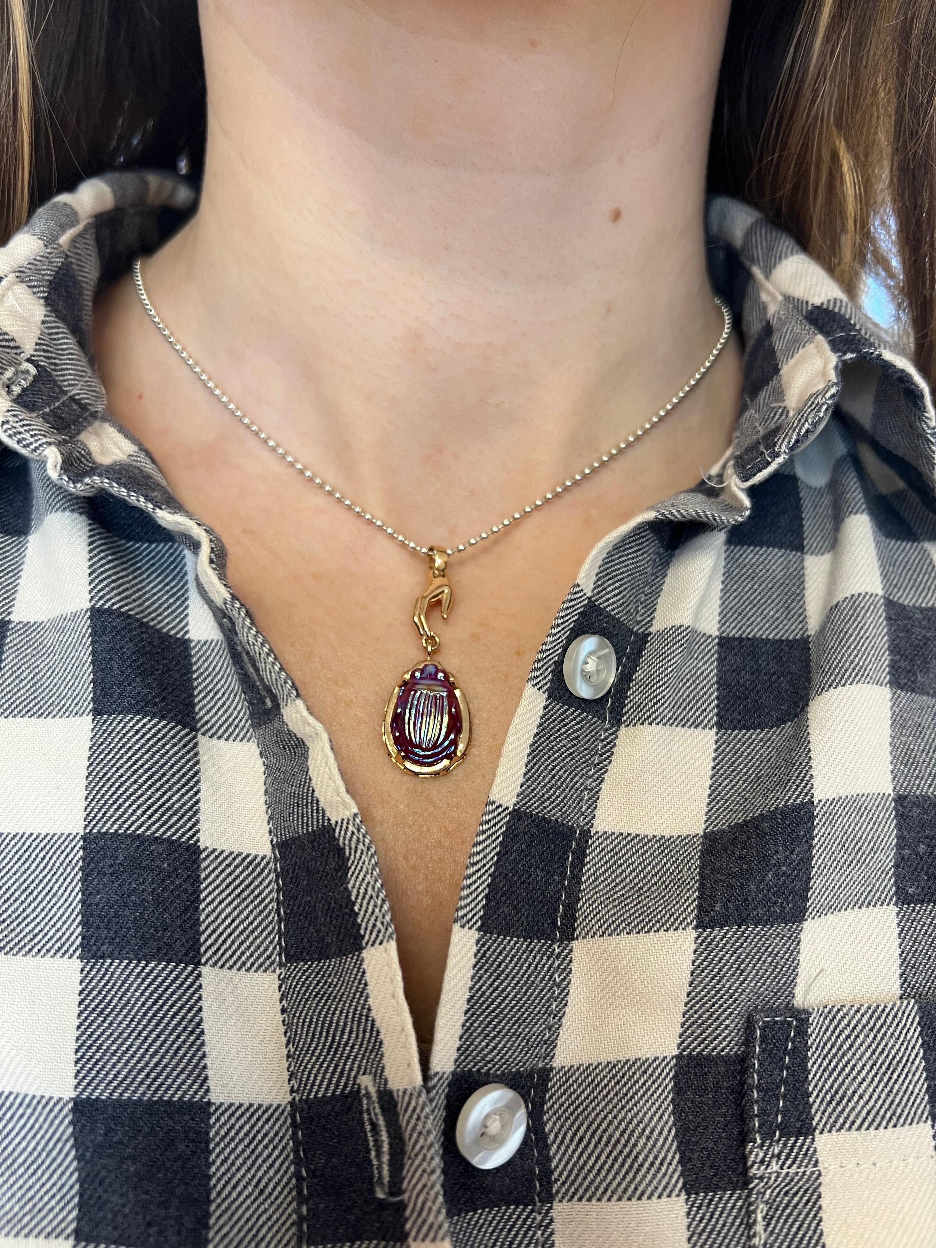 Rose Gold Pendant with a Vintage Red Iridescent Tiffany Glass Scarab Hand Bail For Sale 2