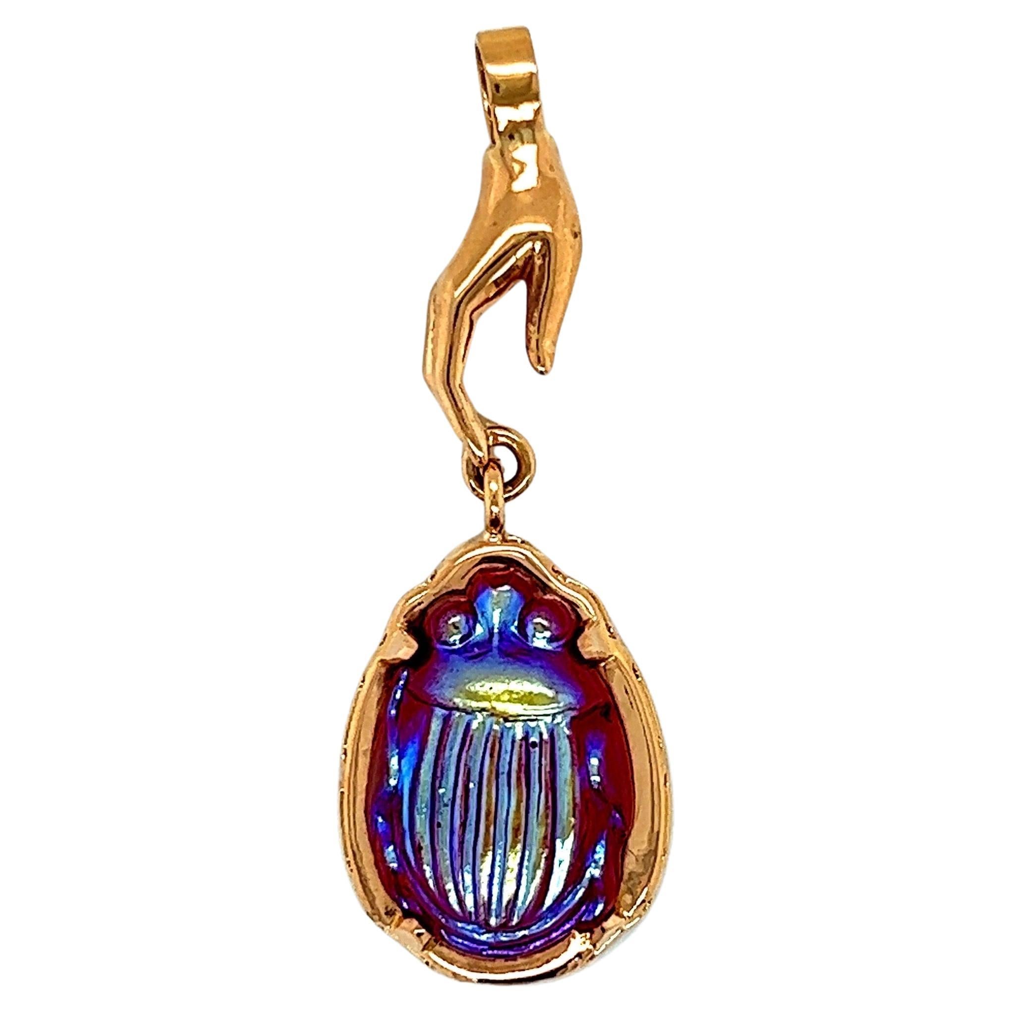 Rose Gold Pendant with a Vintage Red Iridescent Tiffany Glass Scarab Hand Bail