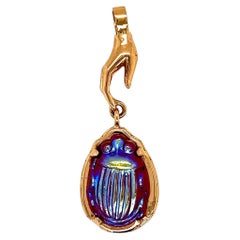 Rose Gold Pendant with a Retro Red Iridescent Tiffany Glass Scarab Hand Bail