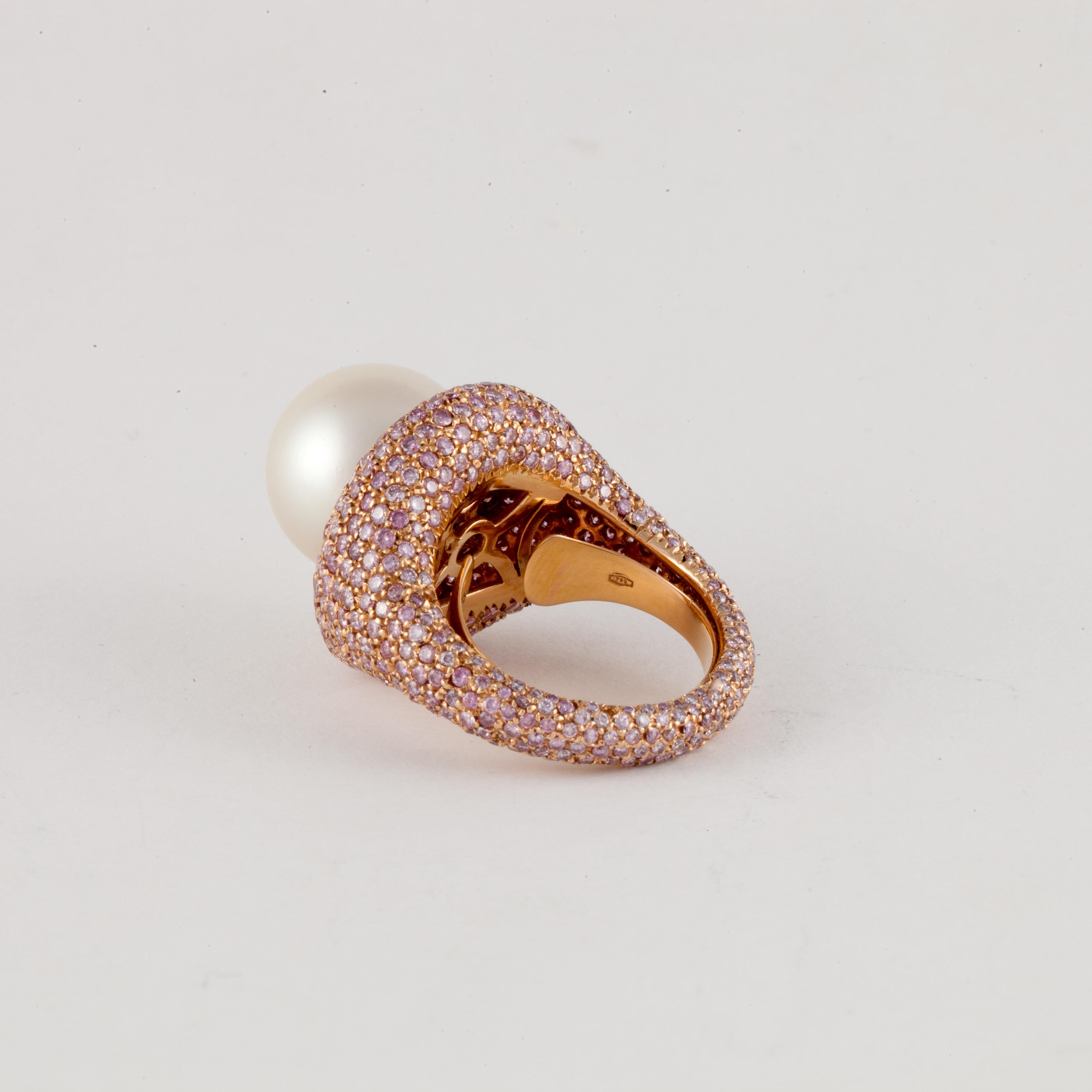 Südseeperlen- und rosa Diamantring aus 18 Karat Roségold (Gemischter Schliff) im Angebot