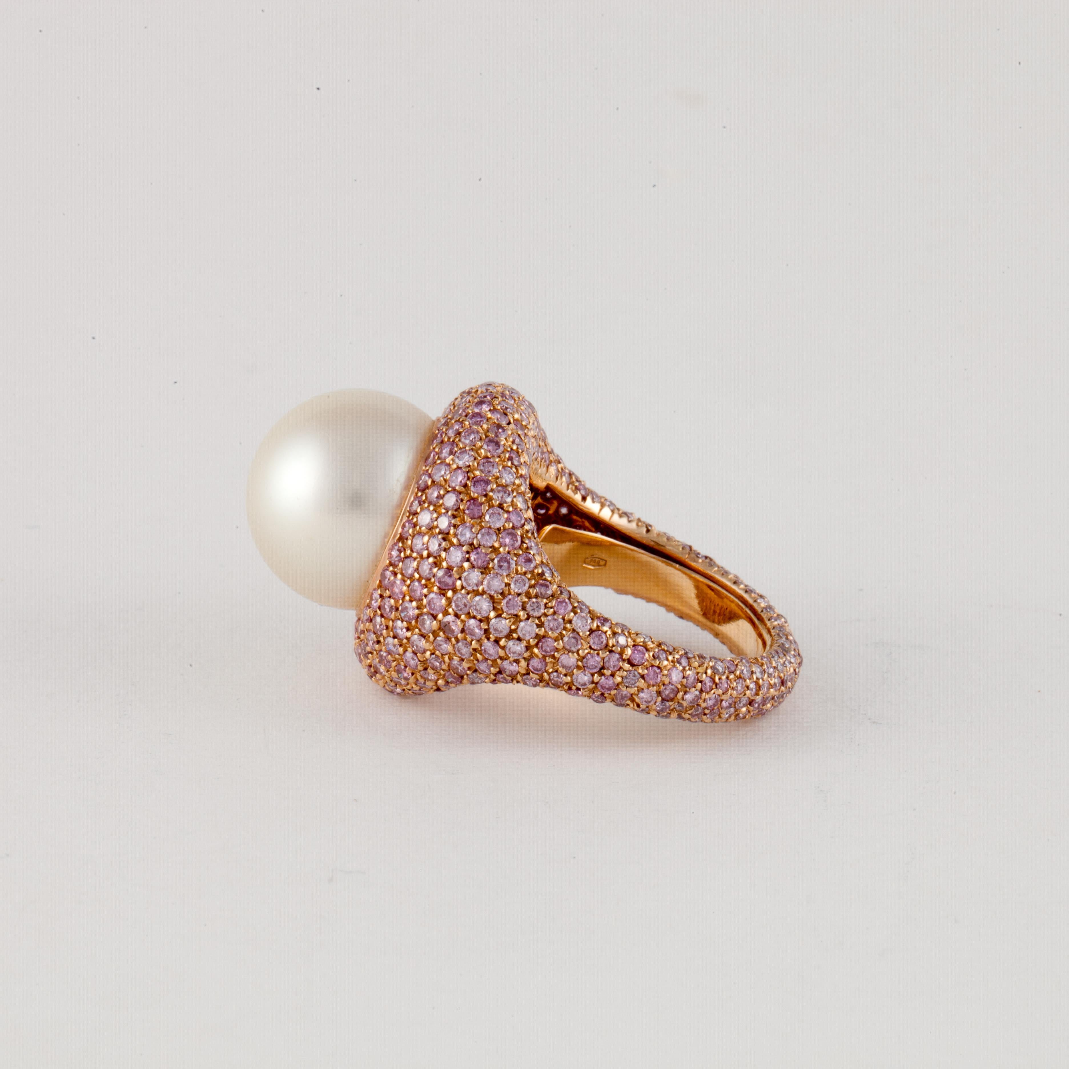 Südseeperlen- und rosa Diamantring aus 18 Karat Roségold im Zustand „Gut“ im Angebot in Houston, TX