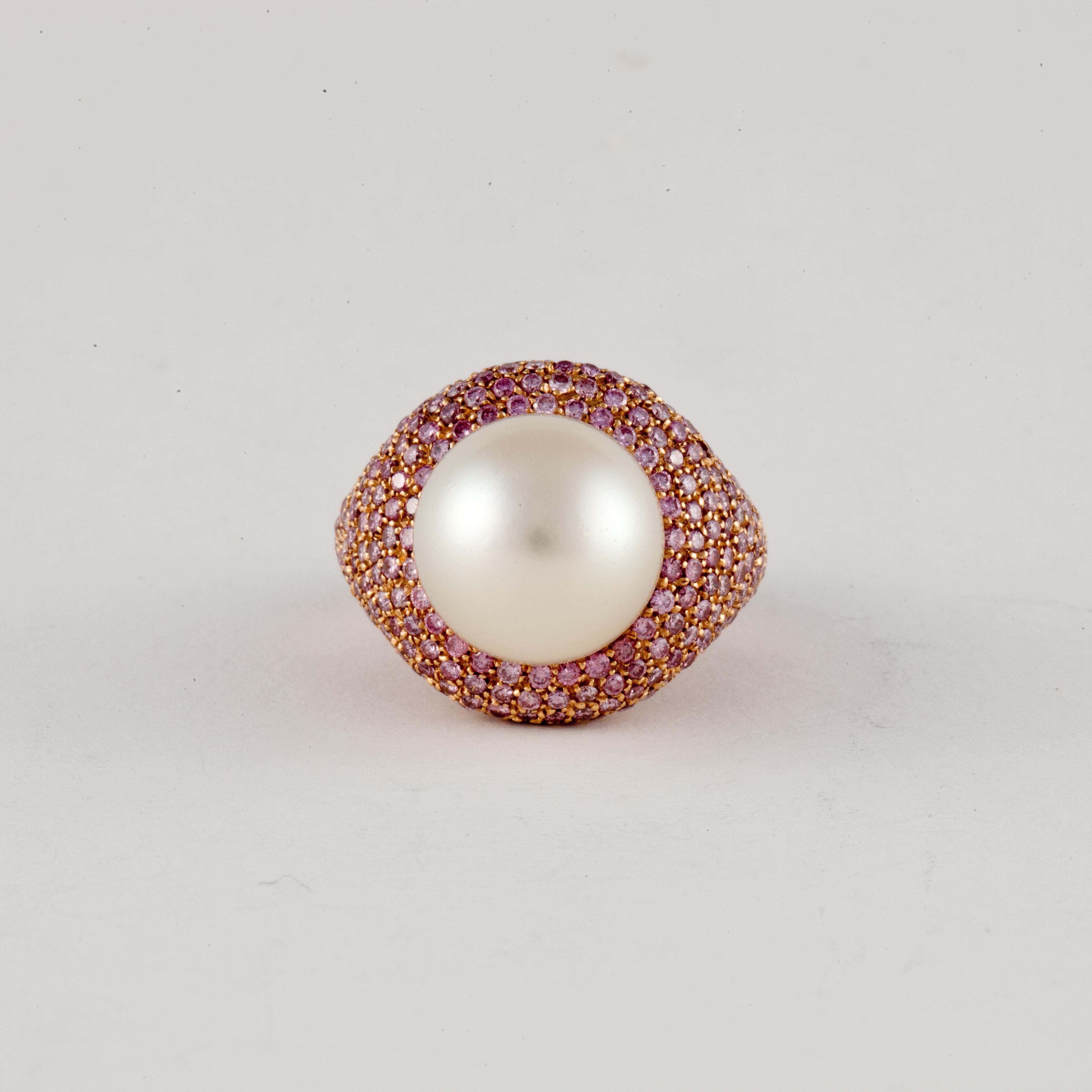Südseeperlen- und rosa Diamantring aus 18 Karat Roségold Damen im Angebot