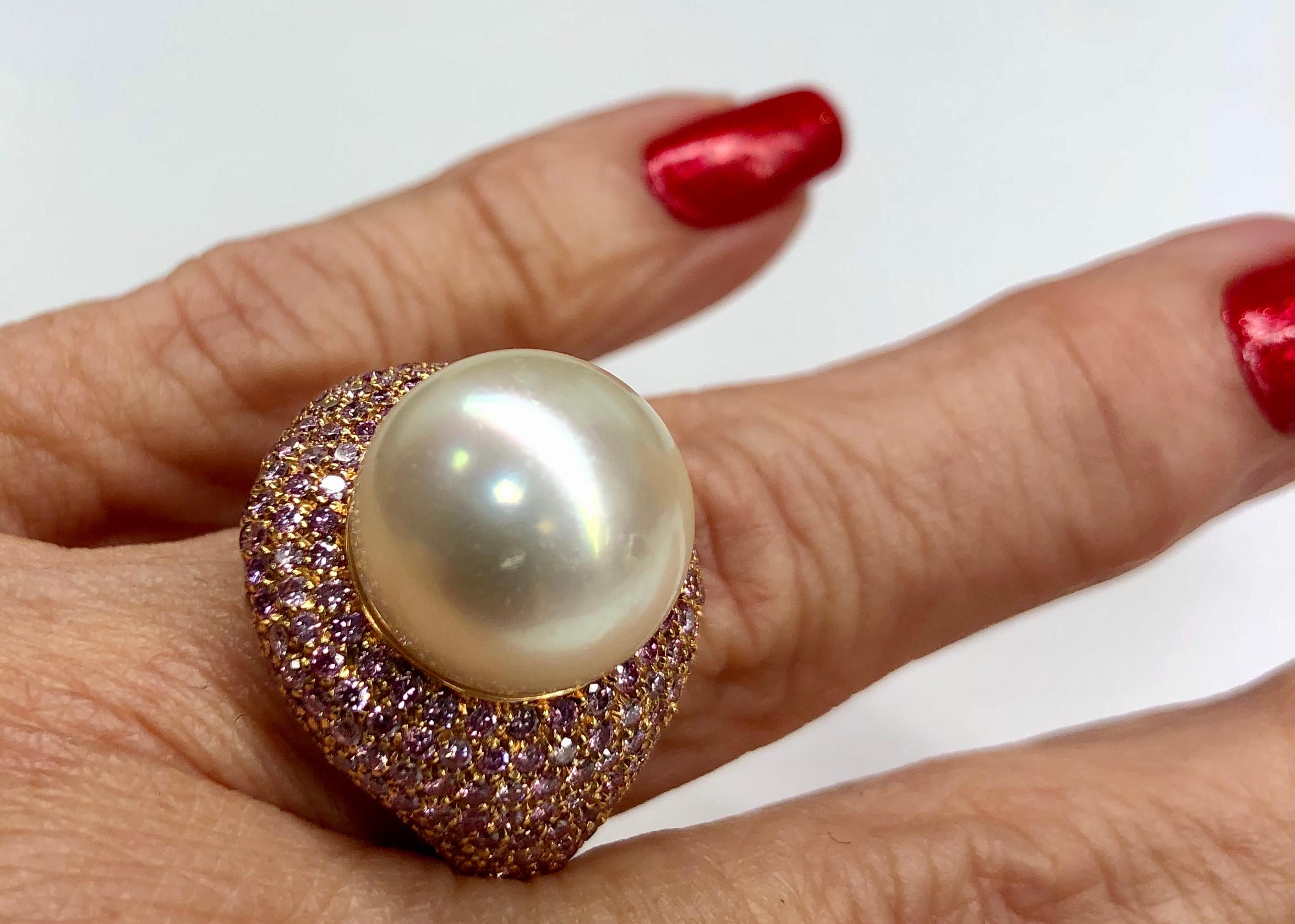 Mixed Cut South Sea Pearl and Pink Diamond Ring in 18K Rose Gold For Sale