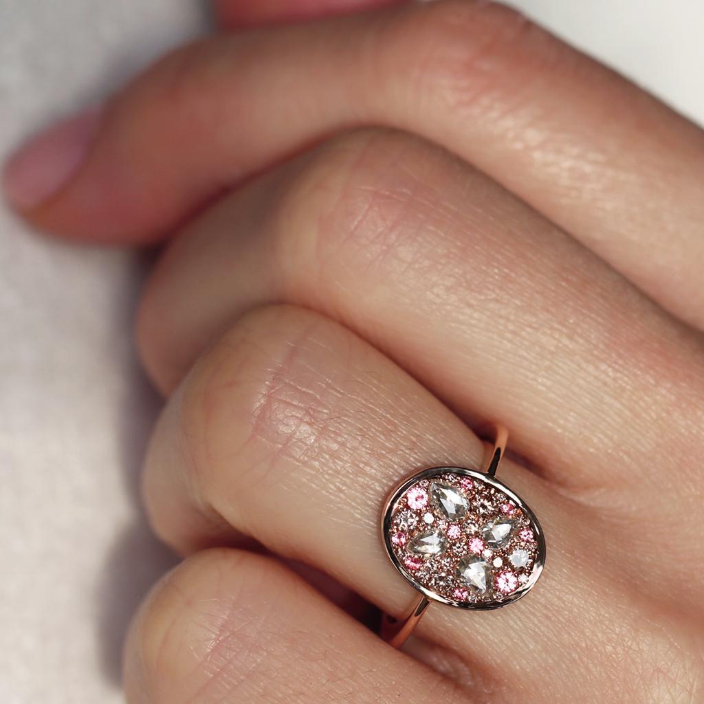 Rose Gold Pink Diamond Rose-Cut Diamond Intense Pink Spinel Pave Ring For Sale 4