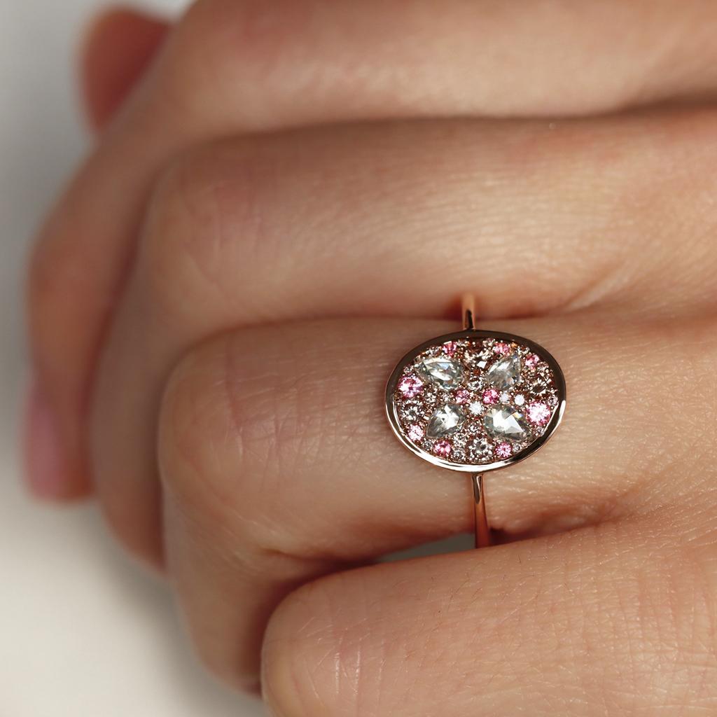 Rose Gold Pink Diamond Rose-Cut Diamond Intense Pink Spinel Pave Ring For Sale 5