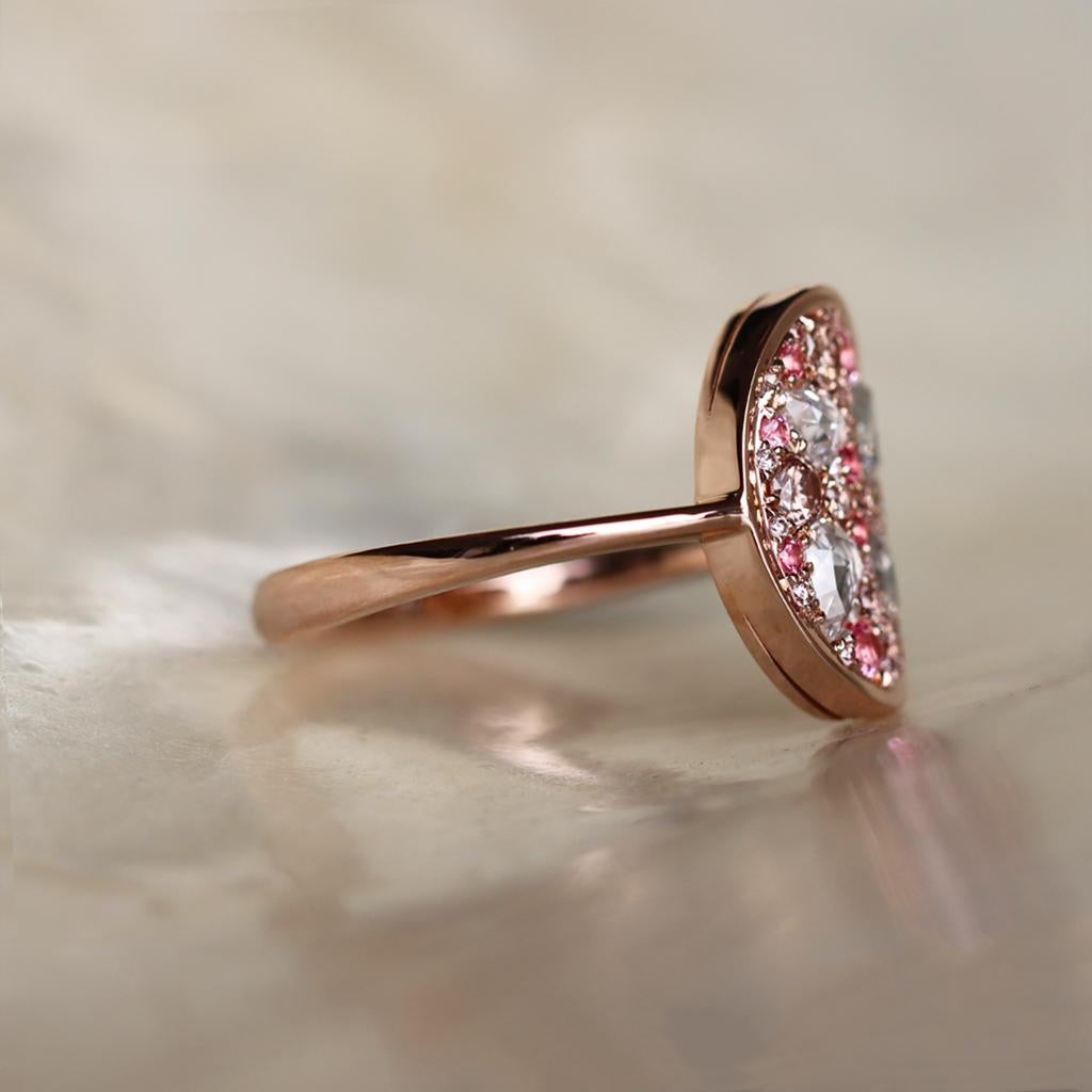 Art Nouveau Rose Gold Pink Diamond Rose-Cut Diamond Intense Pink Spinel Pave Ring For Sale