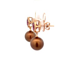 Rose Gold Pink Garnet, Diamond, Chocolate Pearl Earrings For Her