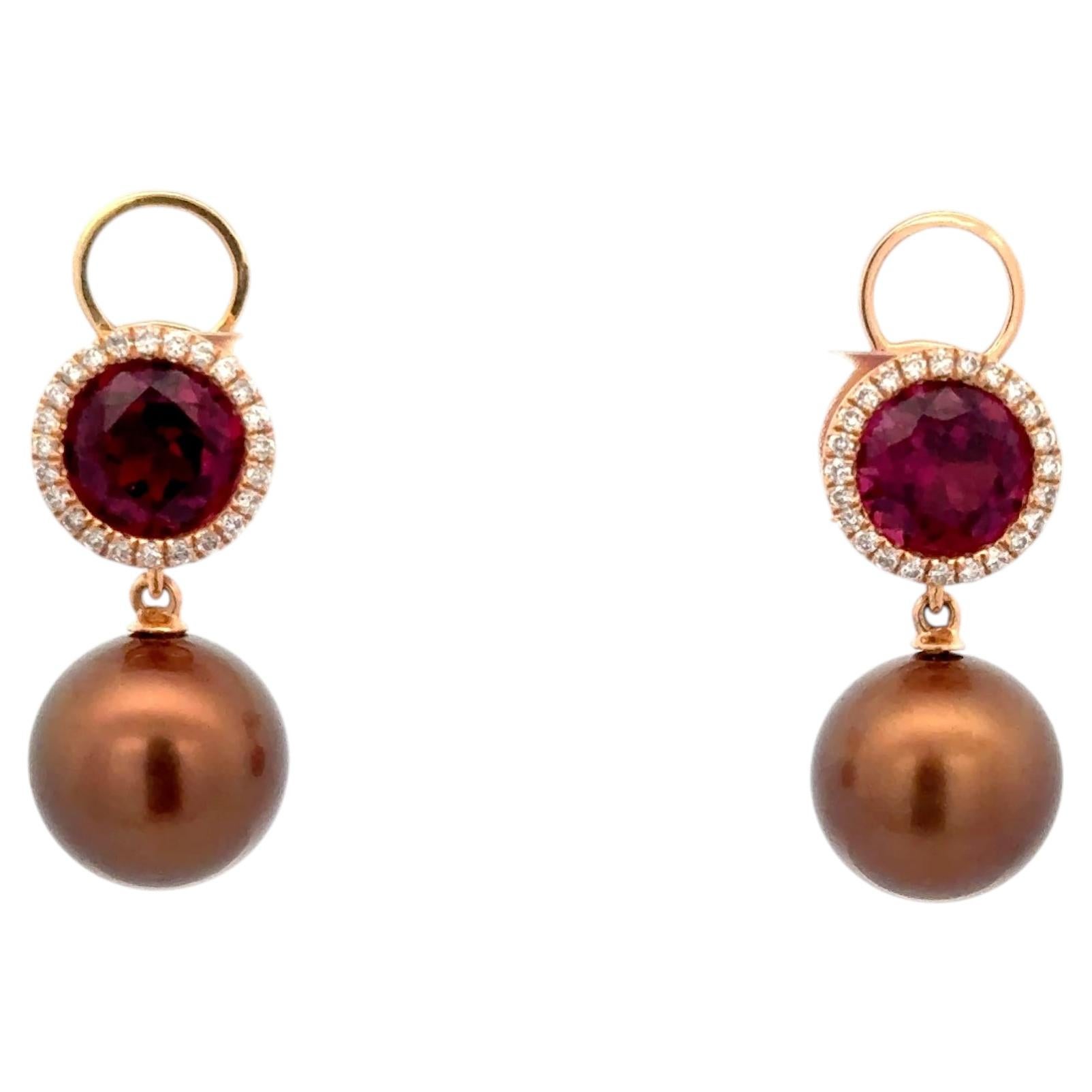 Rose Gold Pink Garnet, Diamond, Chocolate Pearl Earrings For Her