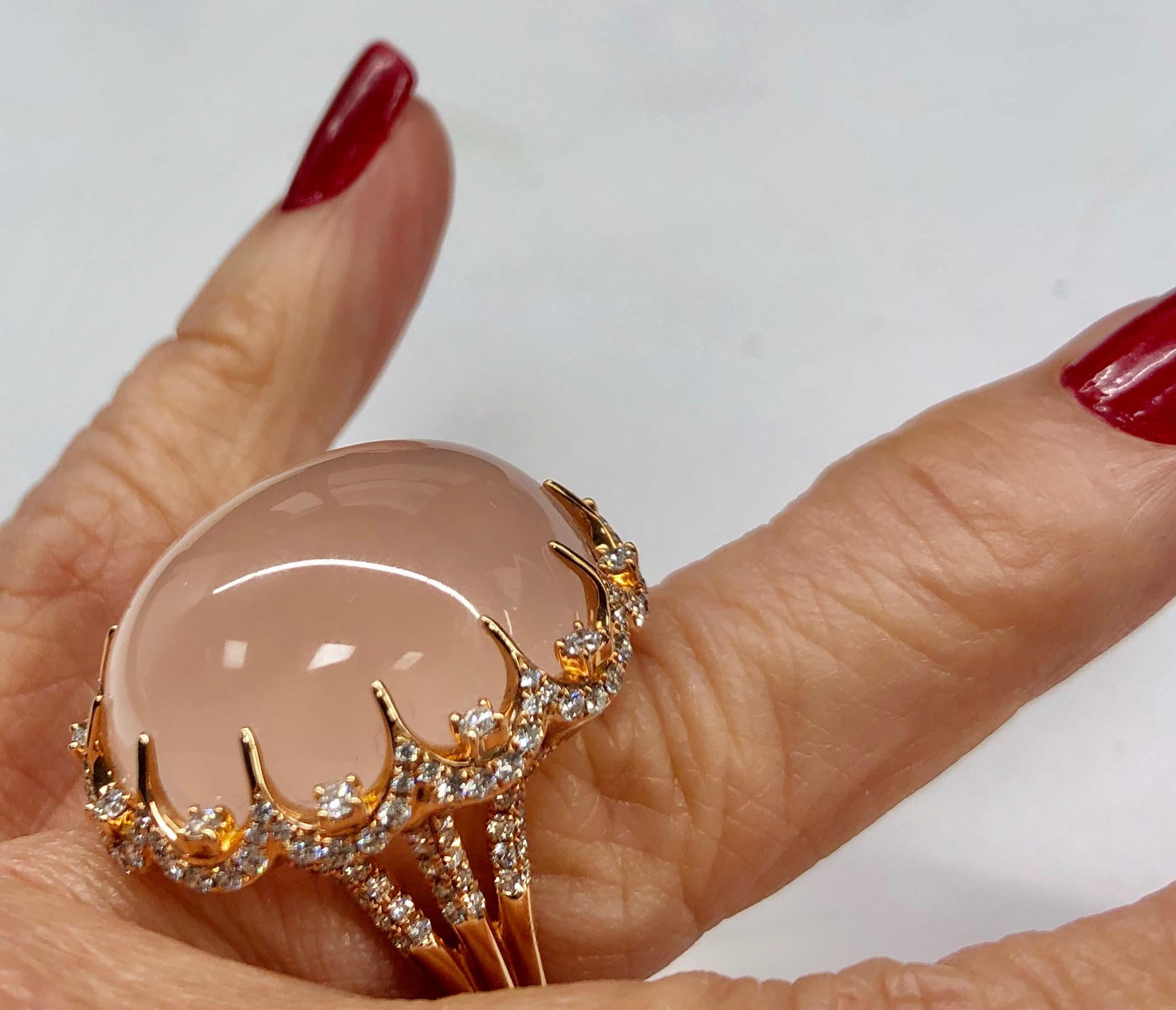 Modern Cabochon Rose Quartz and Diamond Ring in 14K Rose Gold For Sale