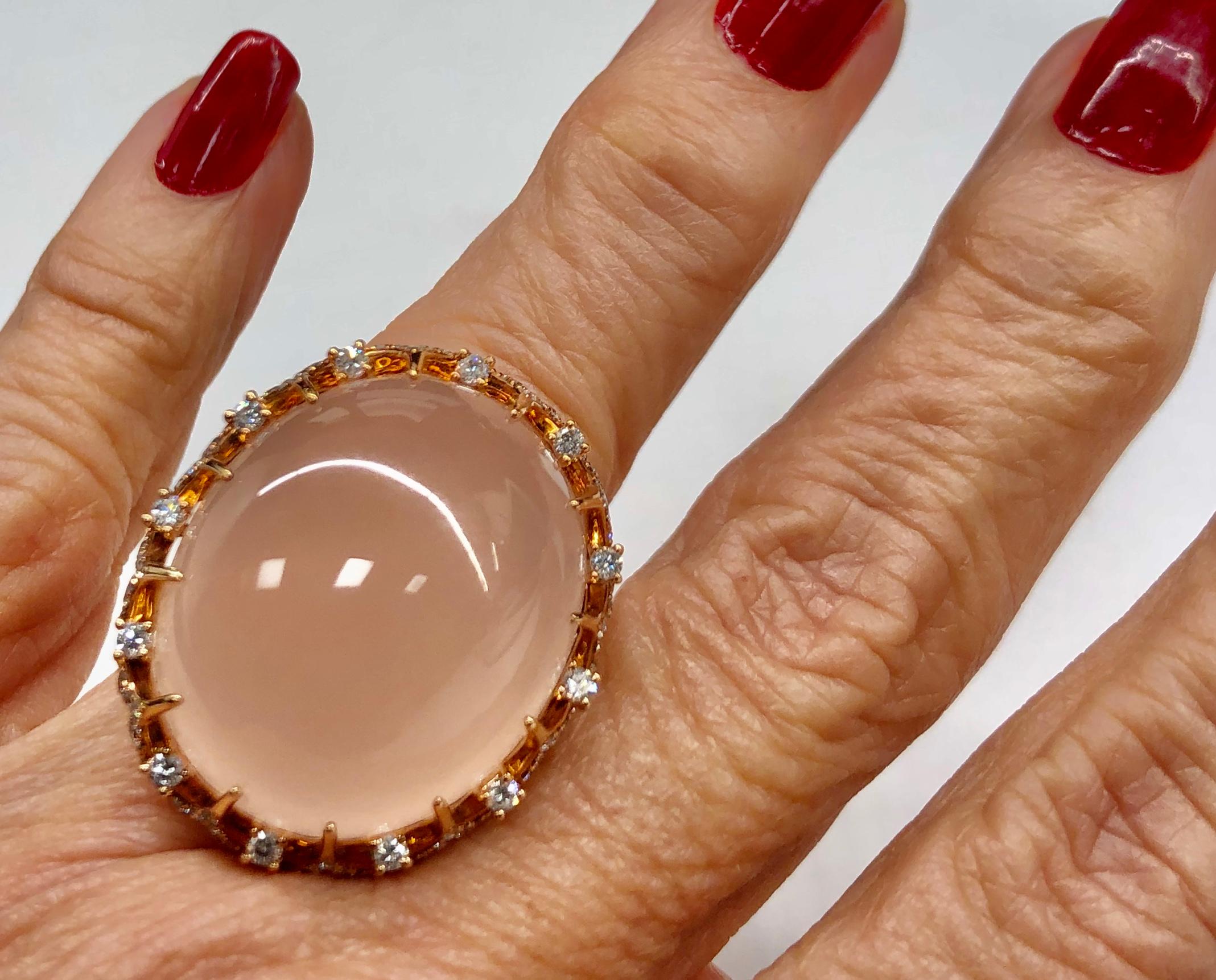 Cabochon Rose Quartz and Diamond Ring in 14K Rose Gold In Good Condition For Sale In Houston, TX